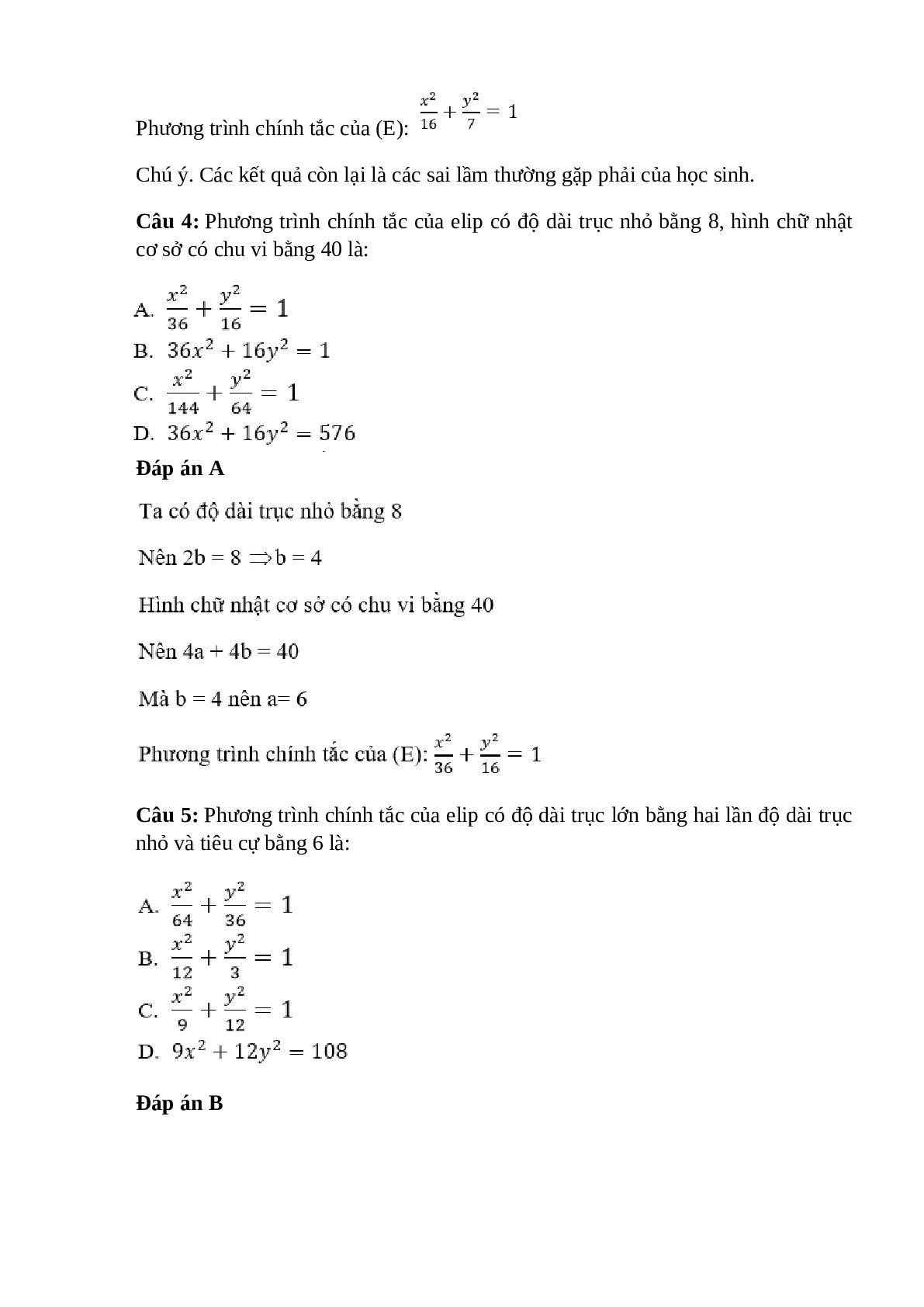 Trắc nghiệm Phương trình đường Elip (phần 1) có đáp án – Toán lớp 10 (trang 3)