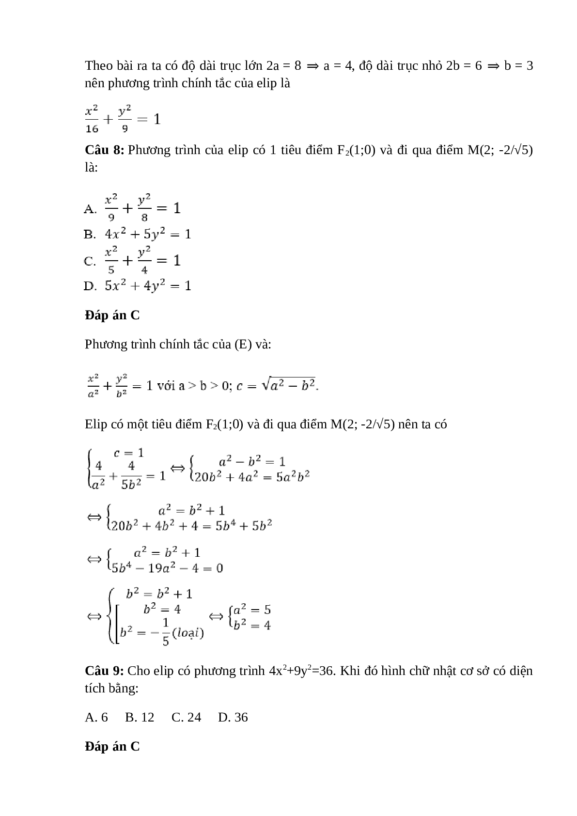 Trắc nghiệm Phương trình đường Elip (phần 1) có đáp án – Toán lớp 10 (trang 5)