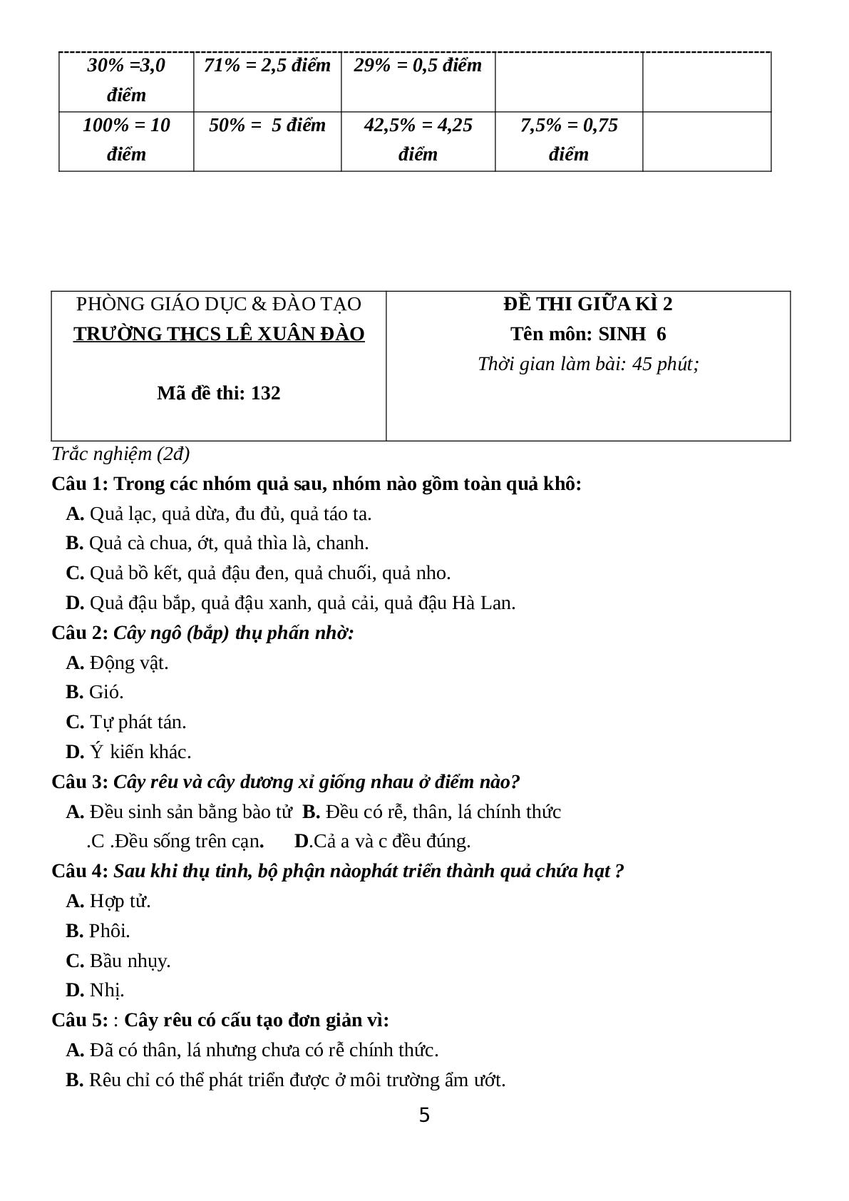 Giao Án Sinh Hoc 6 Bài Ôn tập Giữa HKII mới nhất (trang 5)