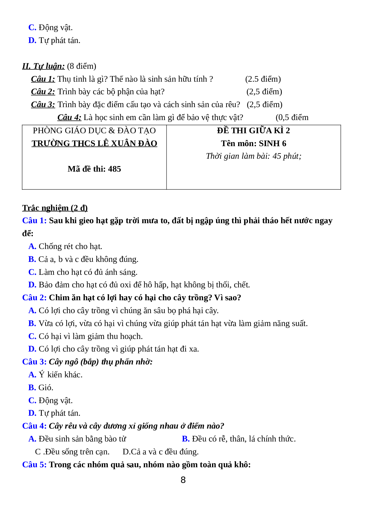 Giao Án Sinh Hoc 6 Bài Ôn tập Giữa HKII mới nhất (trang 8)