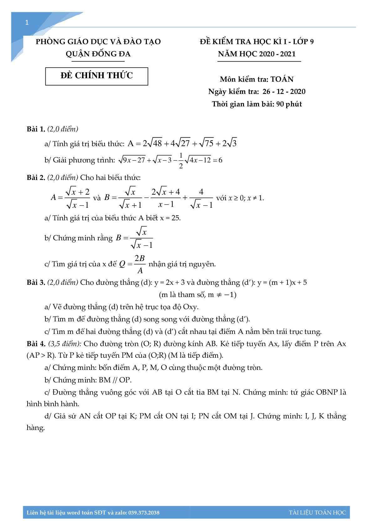 Đề học kì một môn toán lớp 9 năm 2022 Hà Nội (trang 1)