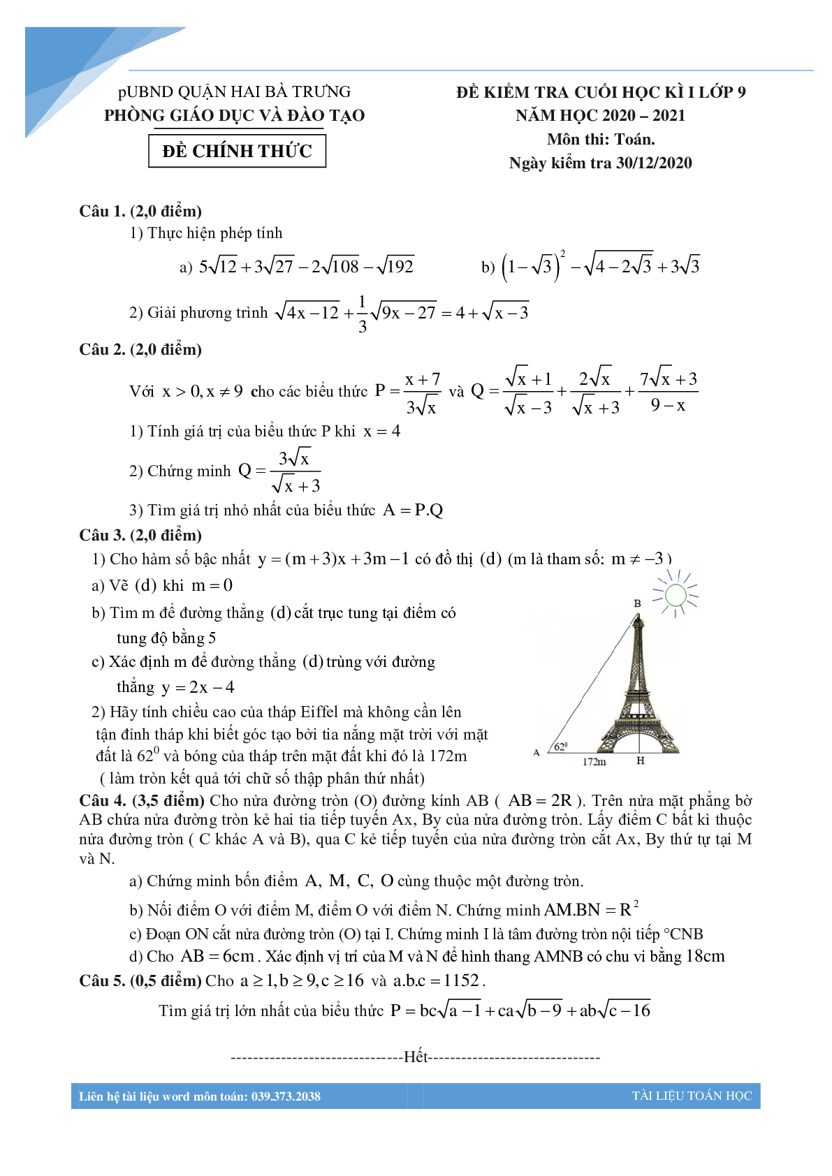 Đề học kì một môn toán lớp 9 năm 2022 Hà Nội (trang 8)