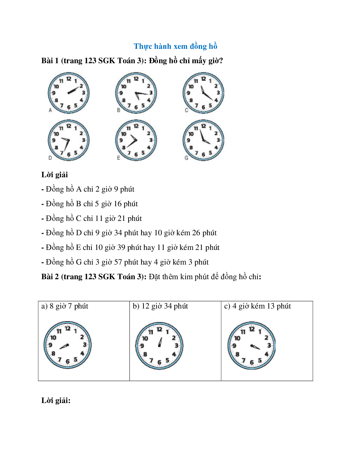 Toán lớp 3 trang 123 Thực hành xem đồng hồ (trang 1)