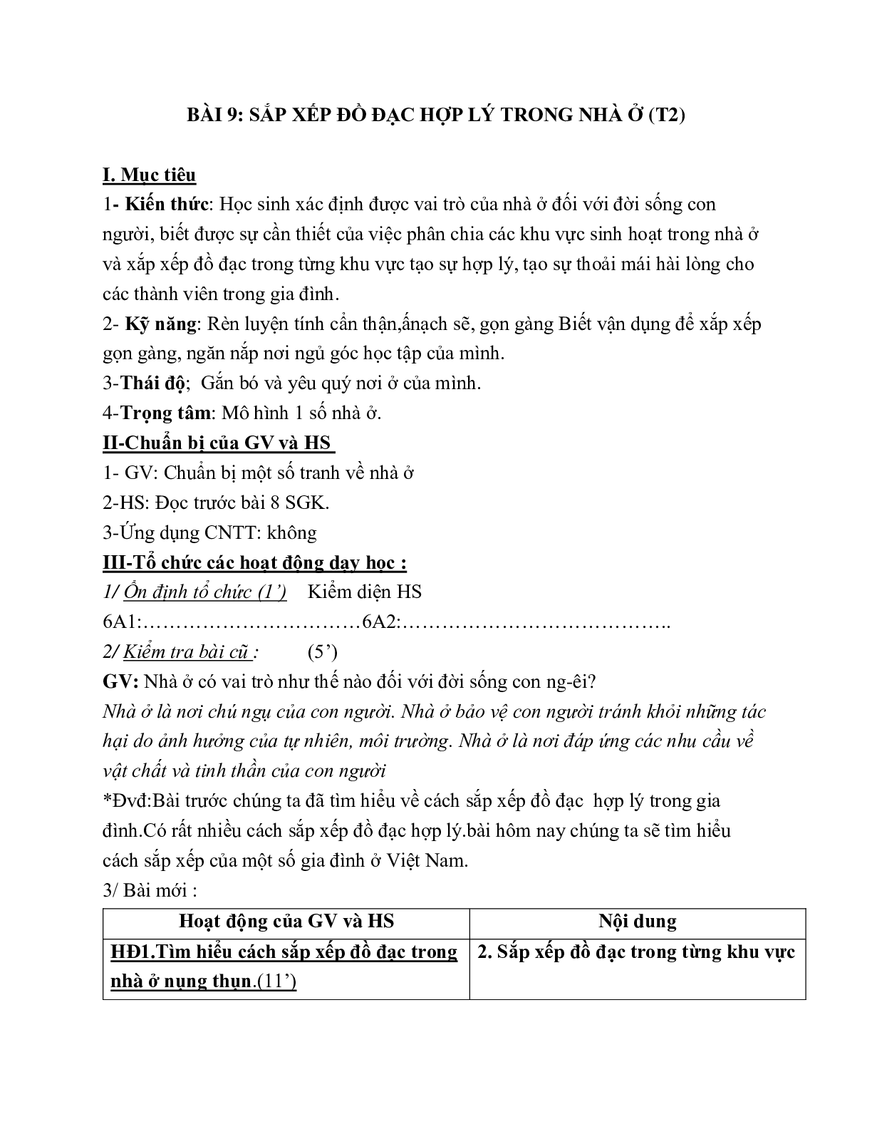 GIÁO ÁN CÔNG NGHỆ 6 BÀI 9: SẮP XẾP ĐỒ ĐẠC HỢP LÝ TRONG NHÀ Ở (T2) MỚI NHẤT – CV5555 (trang 1)