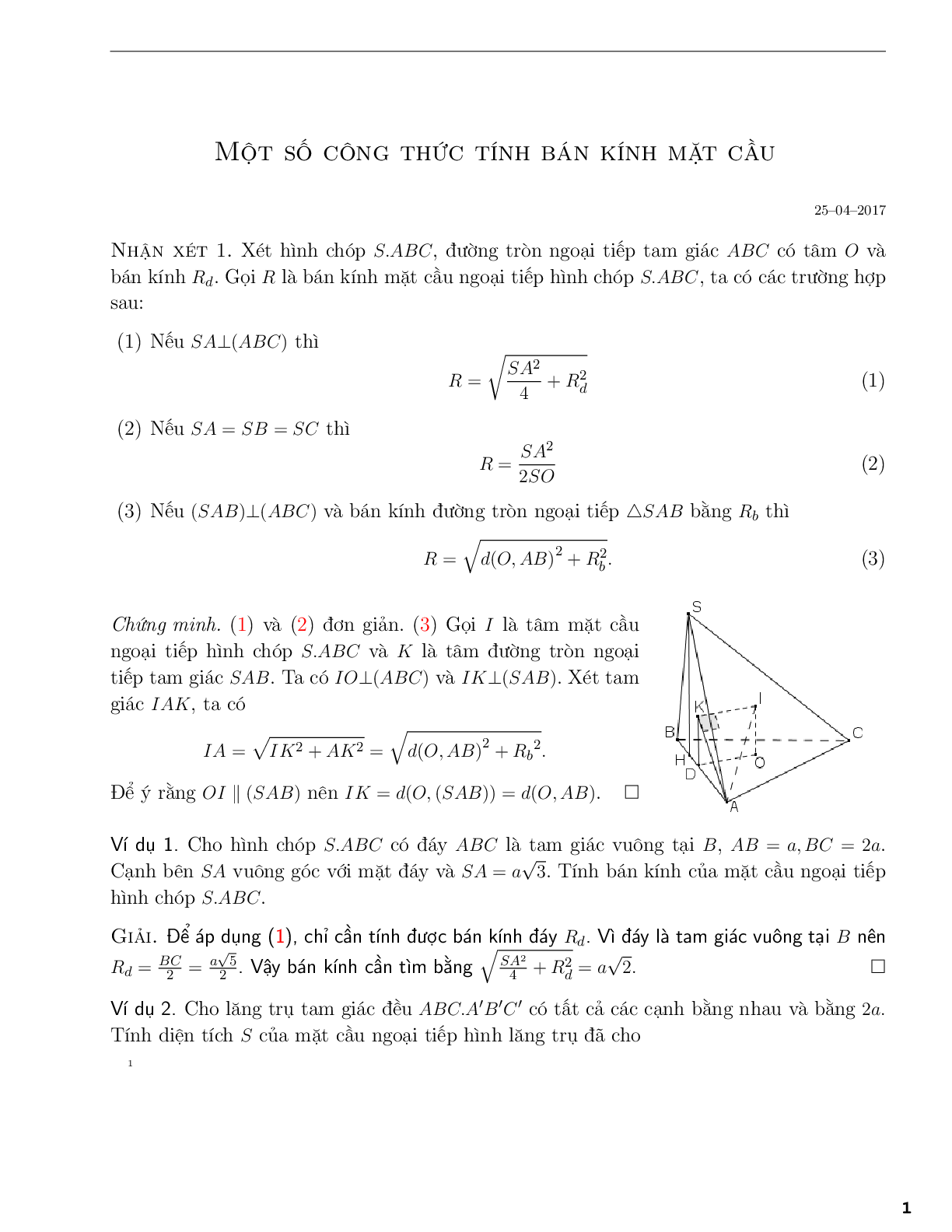 Một số công thức tính bán kính mặt cầu (trang 1)