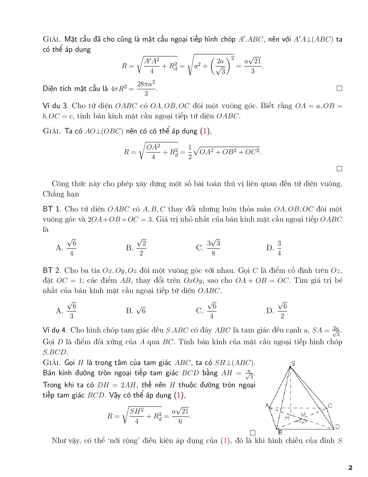 Một số công thức tính bán kính mặt cầu (trang 2)
