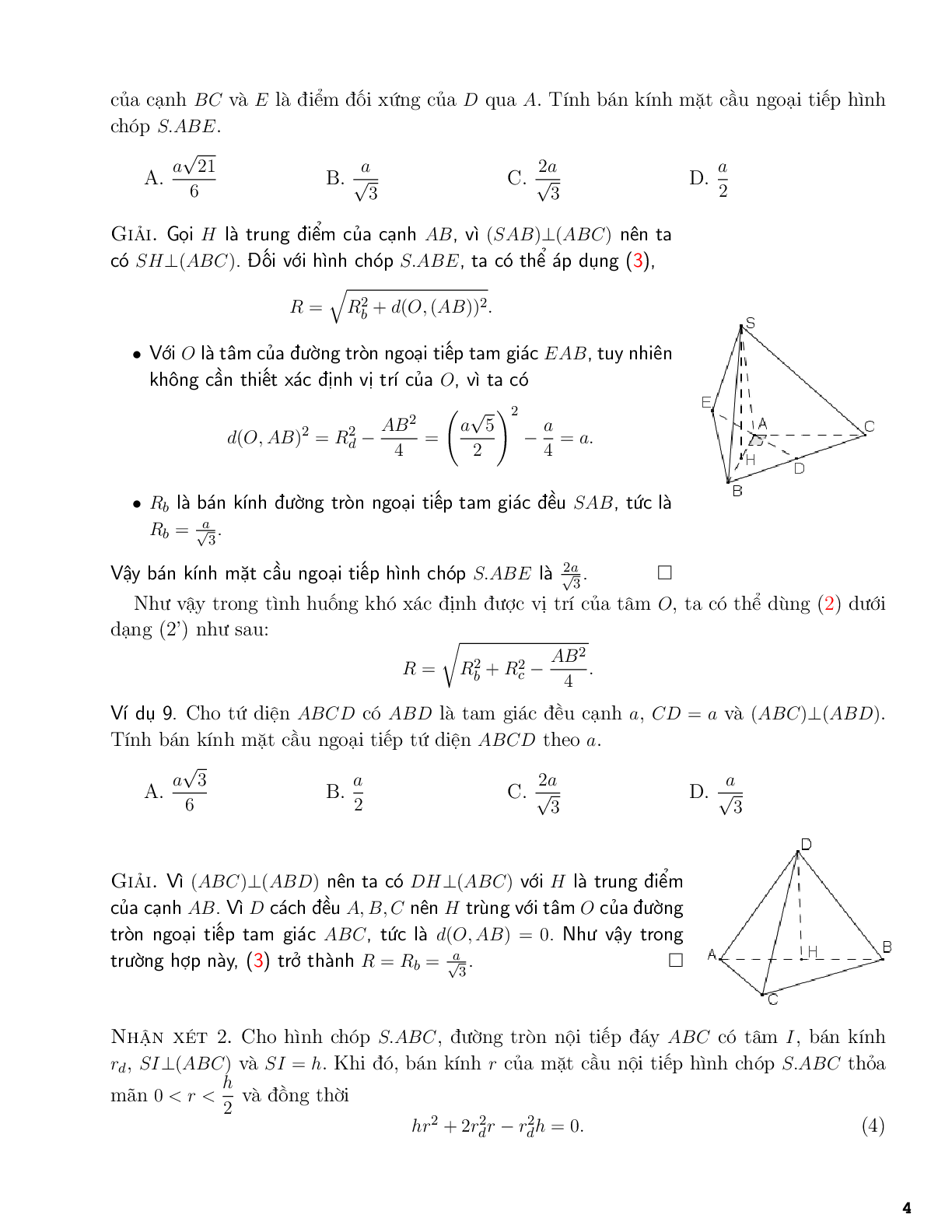 Một số công thức tính bán kính mặt cầu (trang 4)