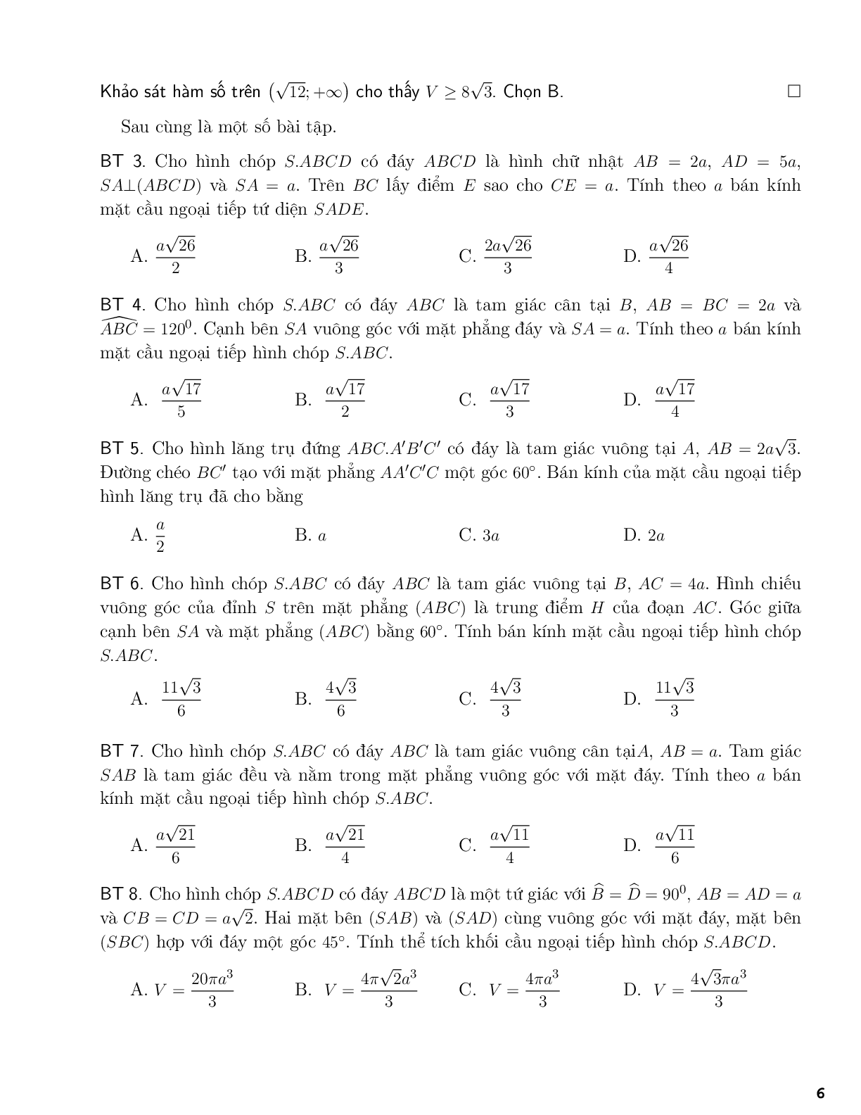 Một số công thức tính bán kính mặt cầu (trang 6)
