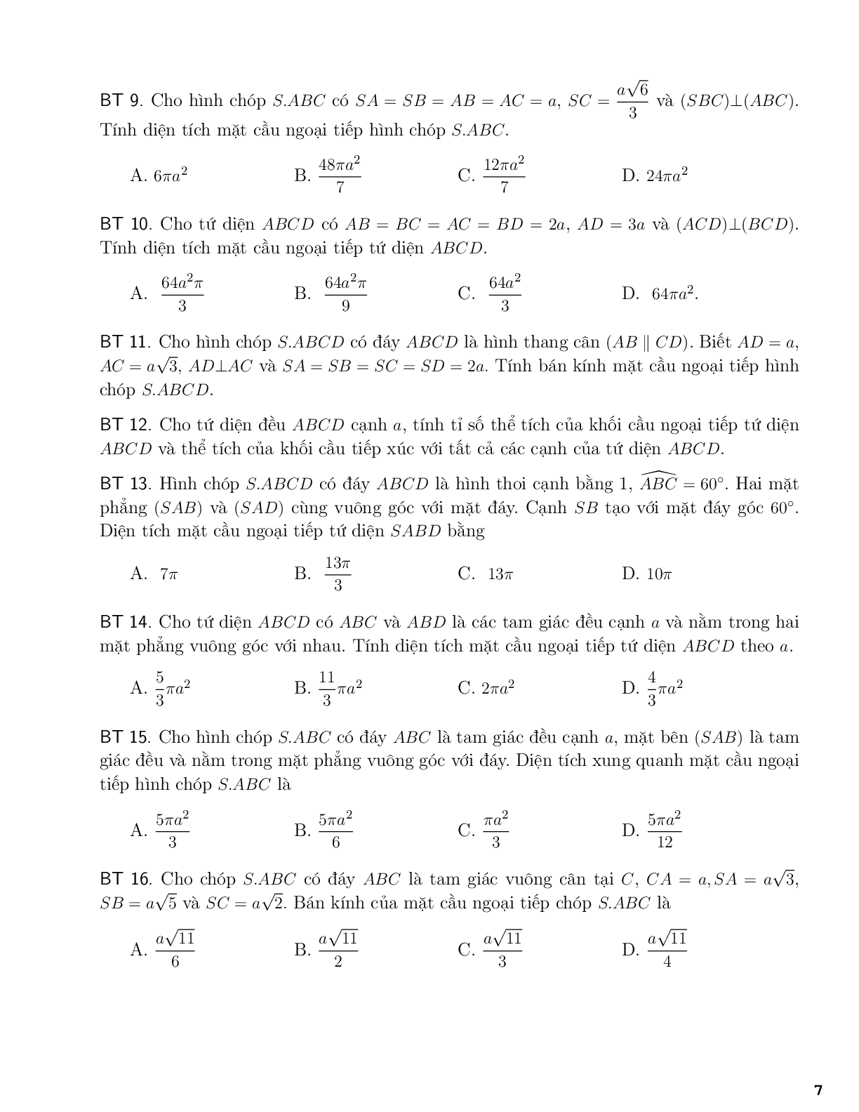 Một số công thức tính bán kính mặt cầu (trang 7)