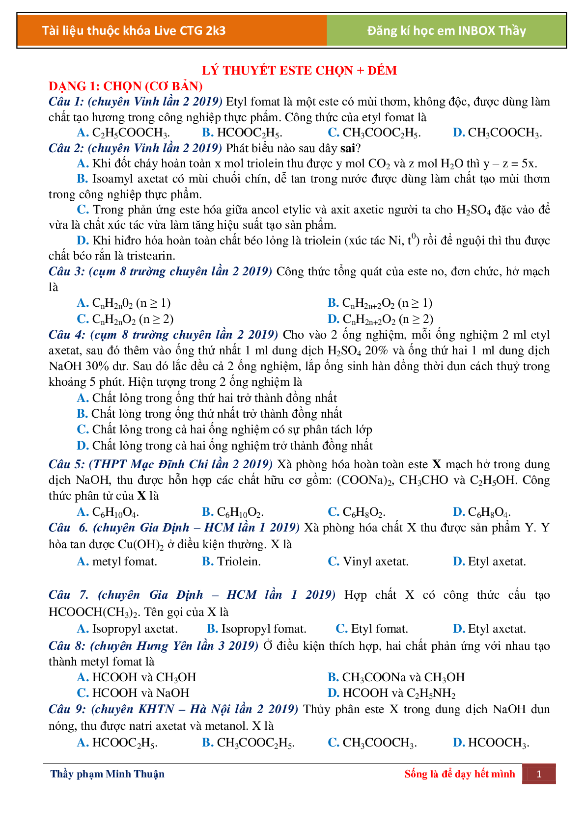 Lý thuyết Este chọn, đếm, tìm chất môn hóa học lớp 12 (trang 1)