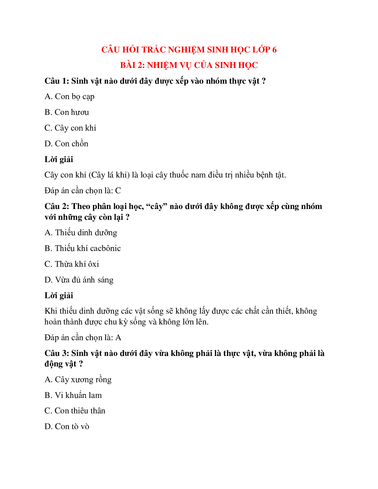 Trắc nghiệm Sinh học 6 Bài 2 có đáp án: Nhiệm vụ của sinh học (trang 1)