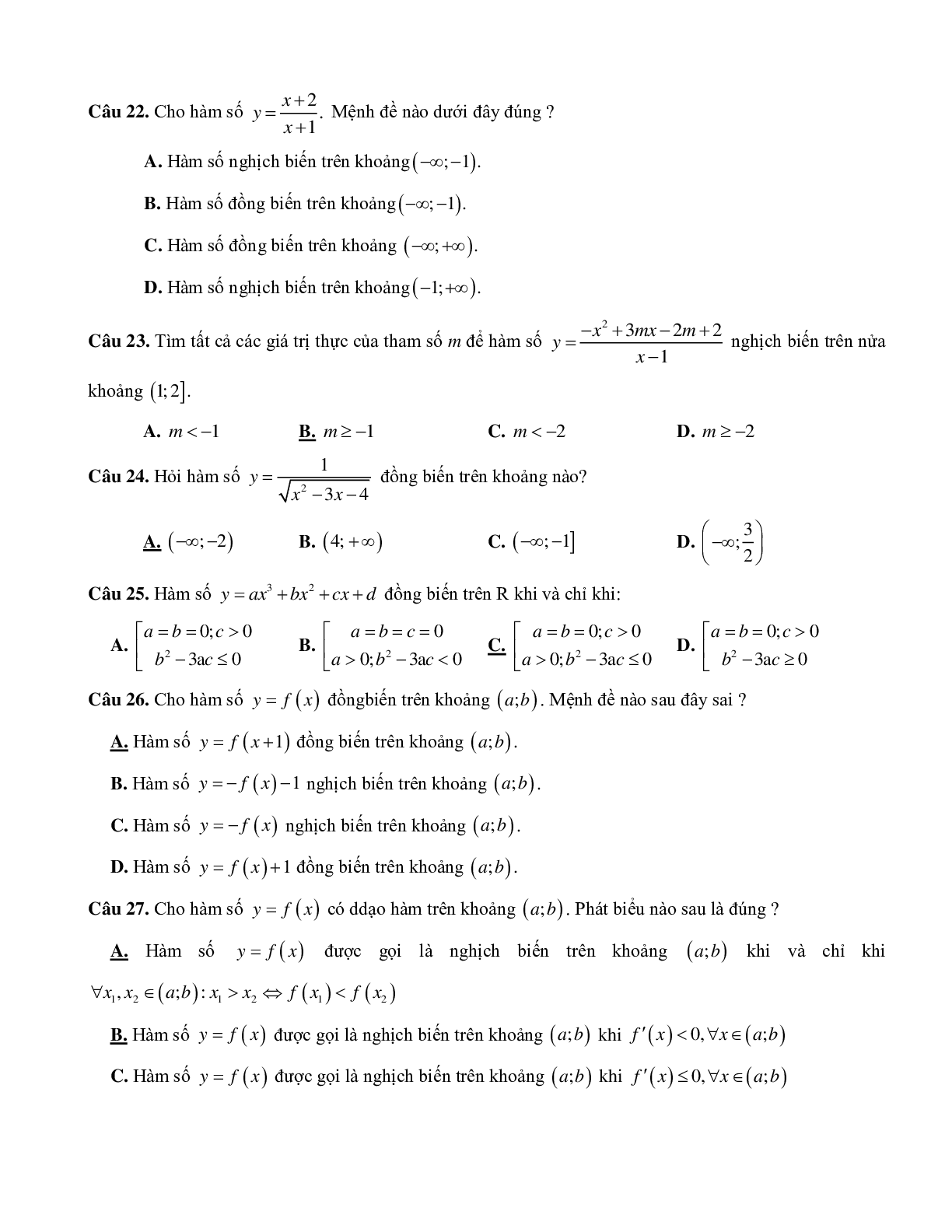 45 bài tập trắc nghiệm Tính đơn điệu của hàm số lớp 12 có đáp án 2023 (trang 4)