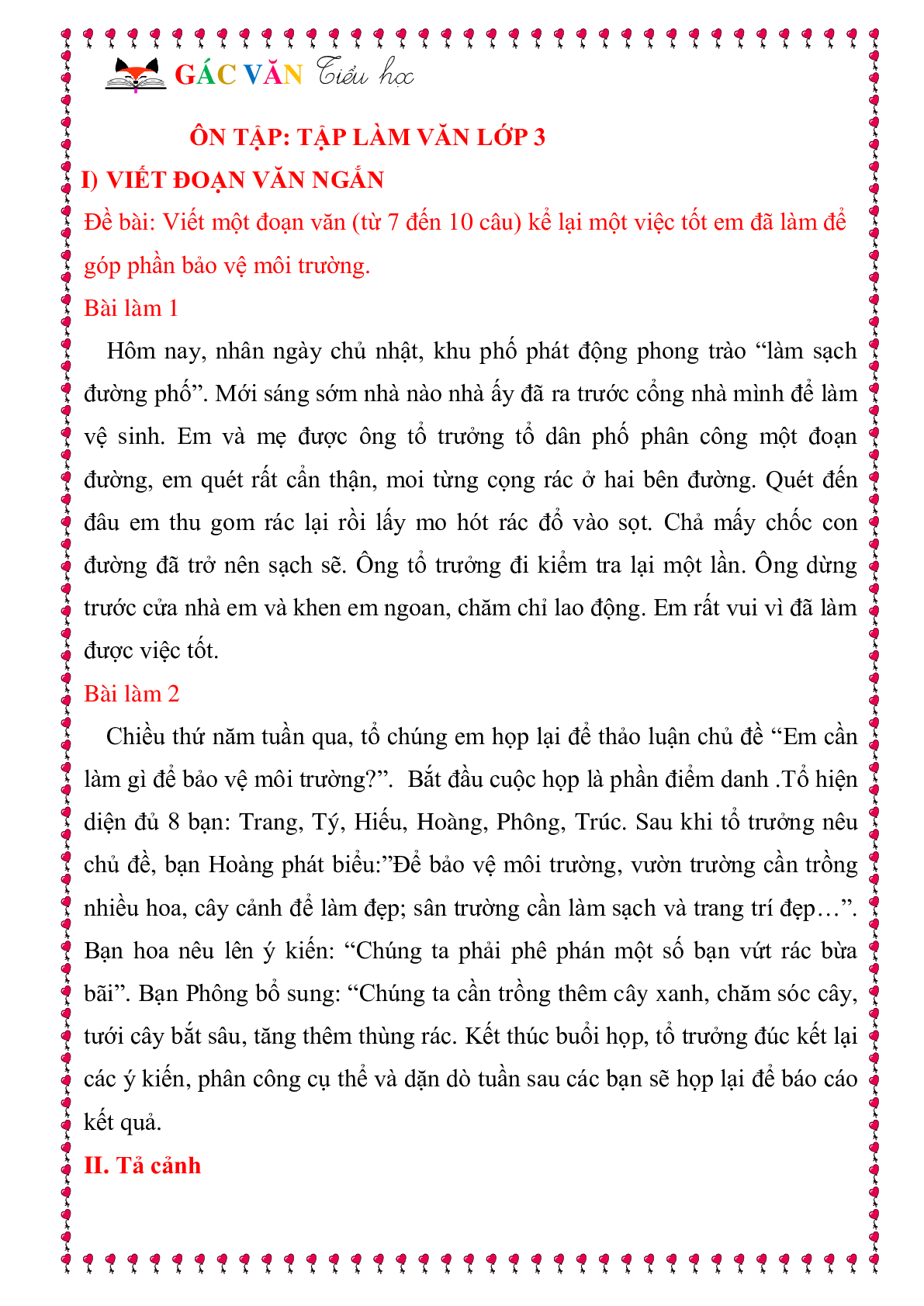 Các dạng bài tập làm văn môn Tiếng Việt lớp 3 (trang 1)