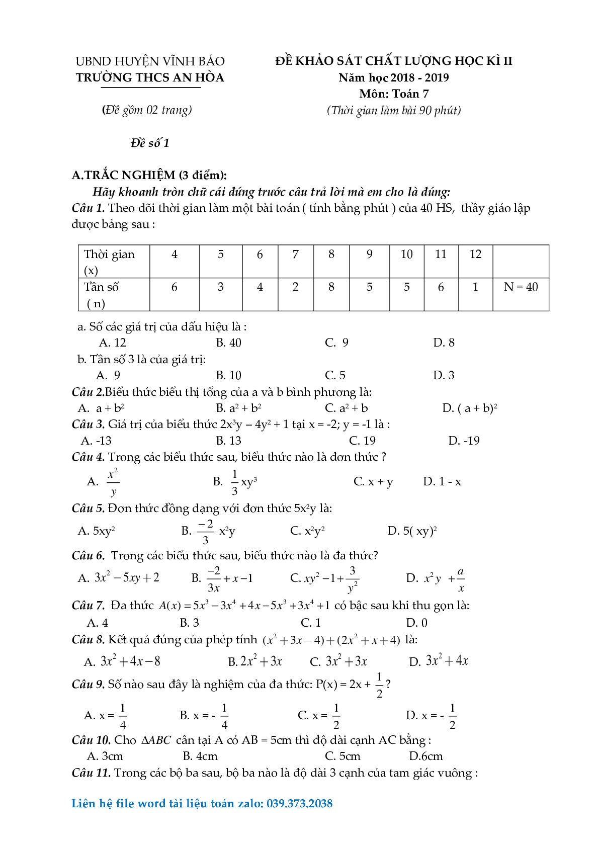Tuyển tập đề thi học kì 2 môn toán lớp 7 (trang 1)