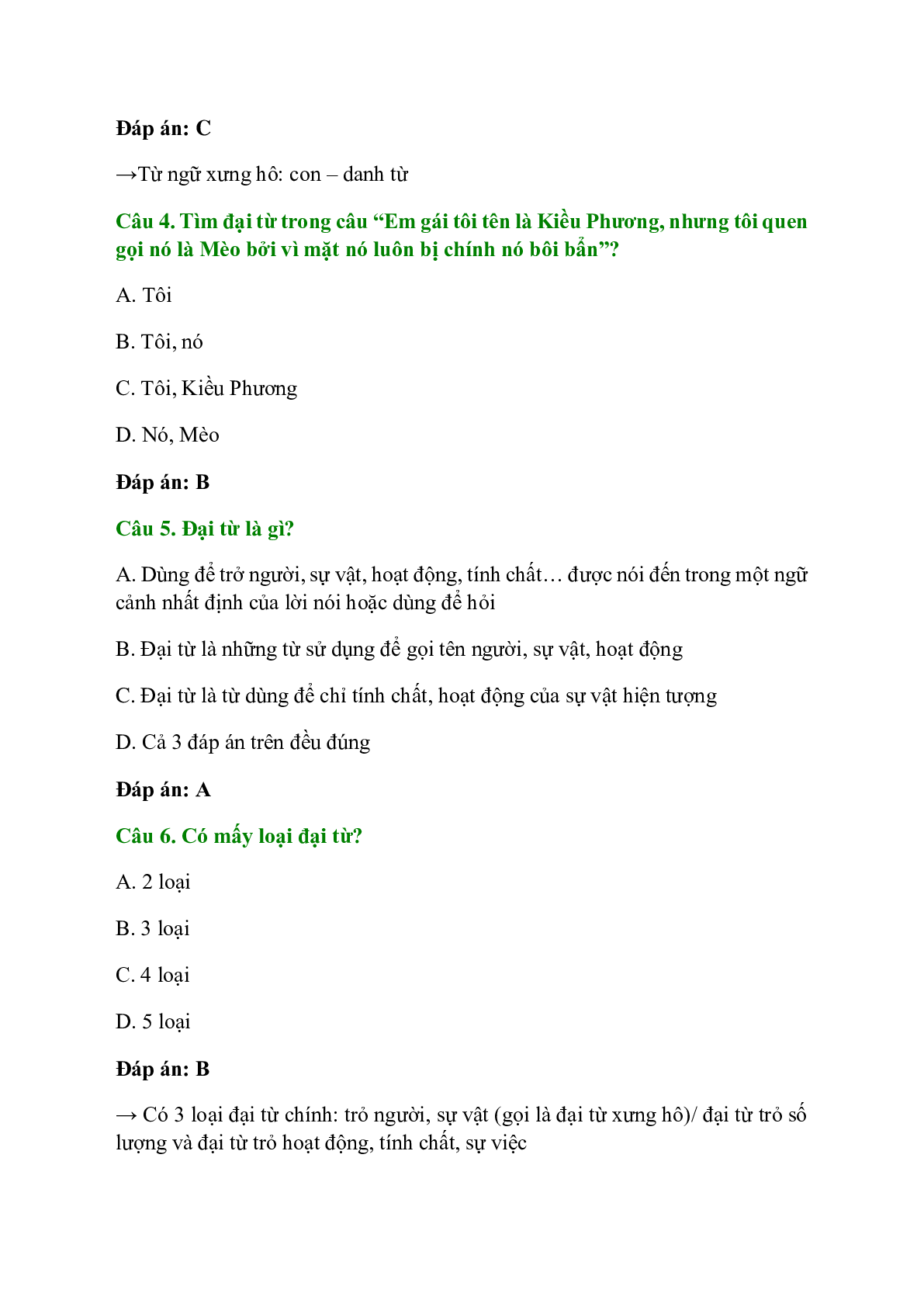 Trắc nghiệm Đại từ có đáp án – Ngữ văn lớp 7 (trang 2)