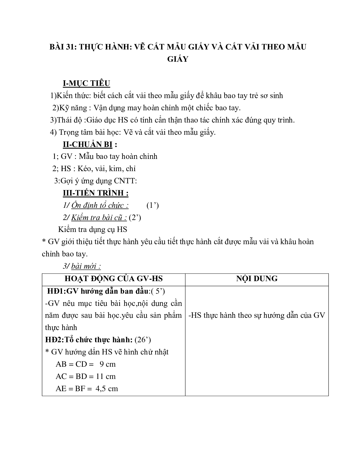 GIÁO ÁN CÔNG NGHỆ 6 BÀI 31: THỰC HÀNH: VẼ CẮT MẪU GIẤY VÀ CẮT VẢI THEO MẪU GIẤY MỚI NHẤT – CV5555 (trang 1)