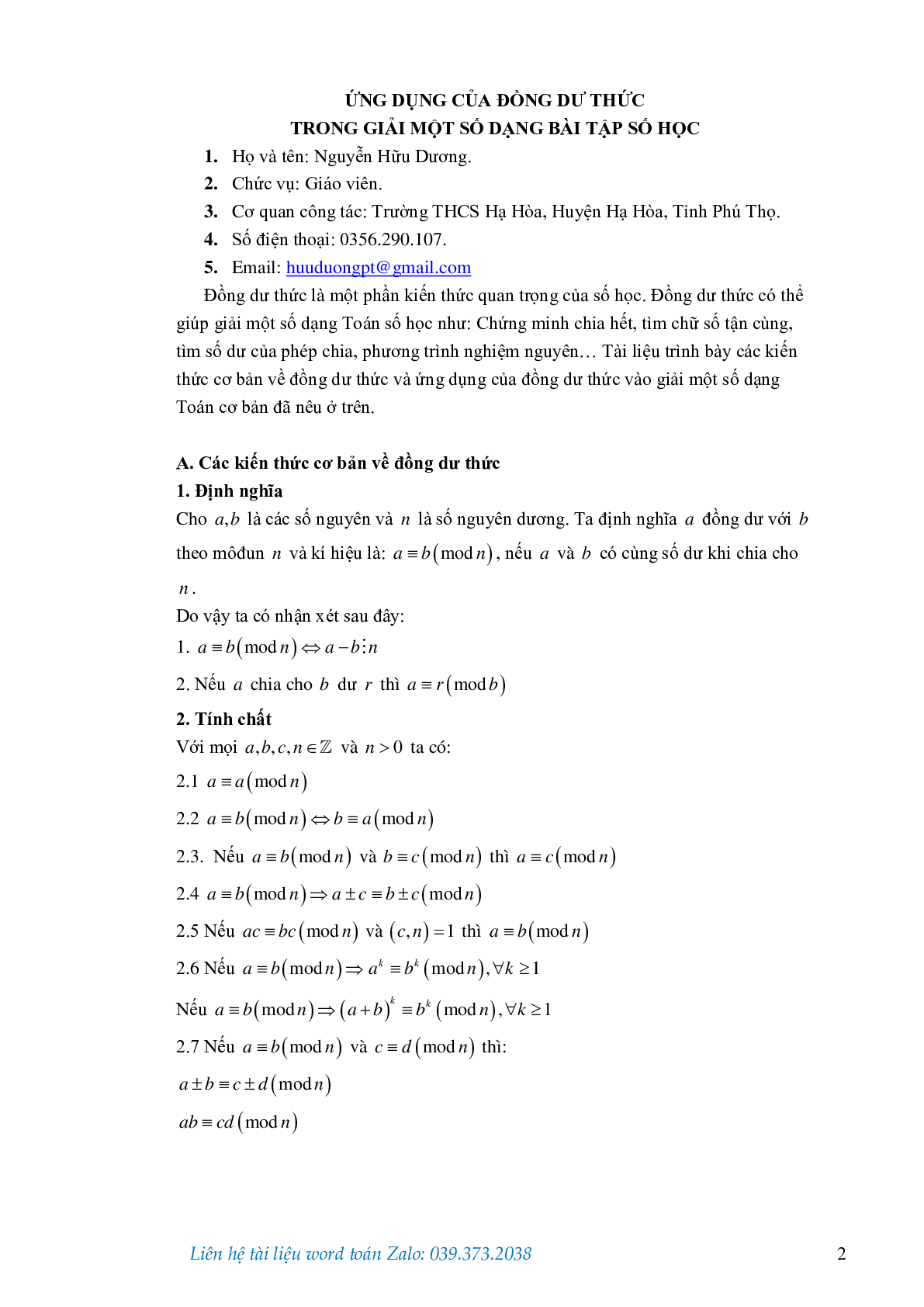 Ứng dụng của đồng dư thức trong giải toán số học (trang 1)
