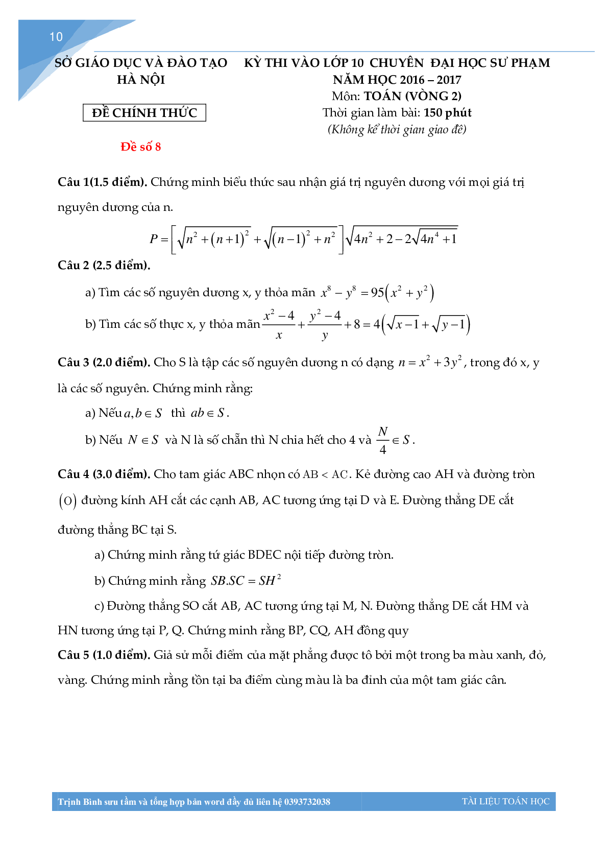 Bộ đề thi toán vào lớp 10 chuyên đại học sư phạm Hà Nội (trang 9)