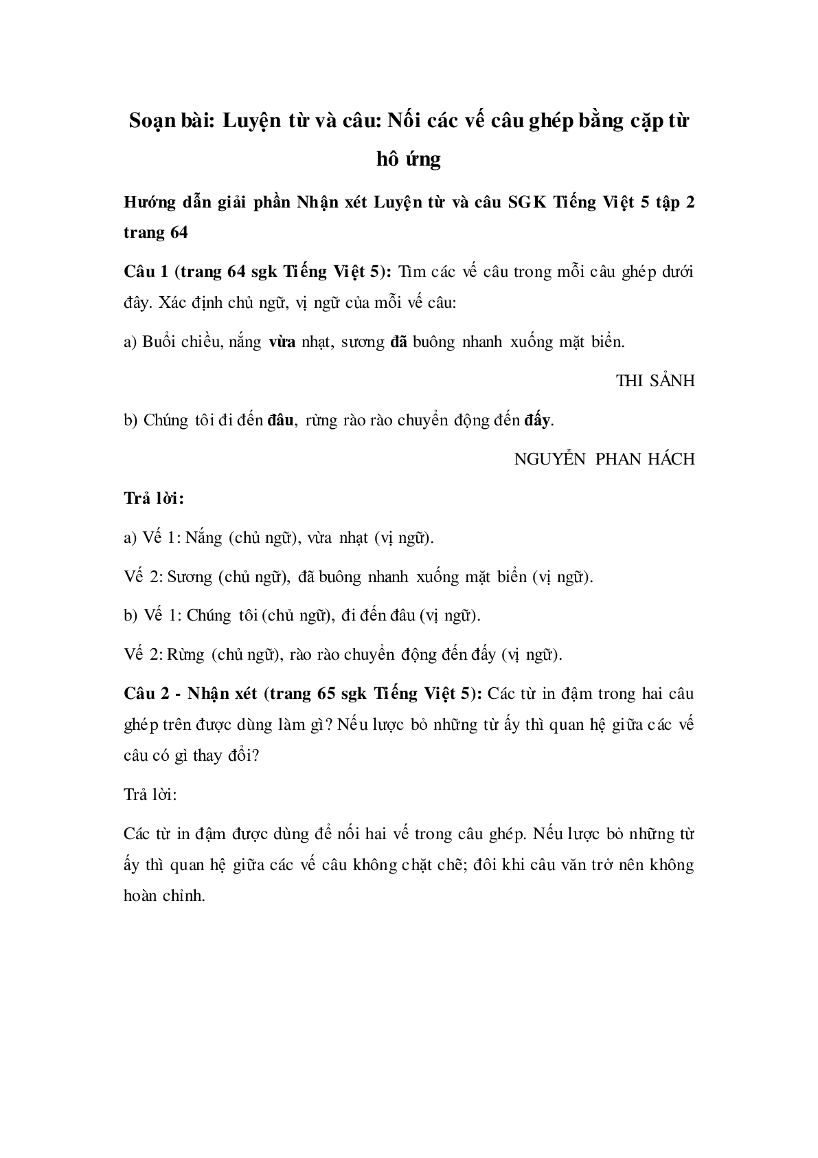 Soạn Tiếng Việt lớp 5: Luyện từ và câu: Nối các vế câu ghép bằng cặp từ hô ứng mới nhất (trang 1)