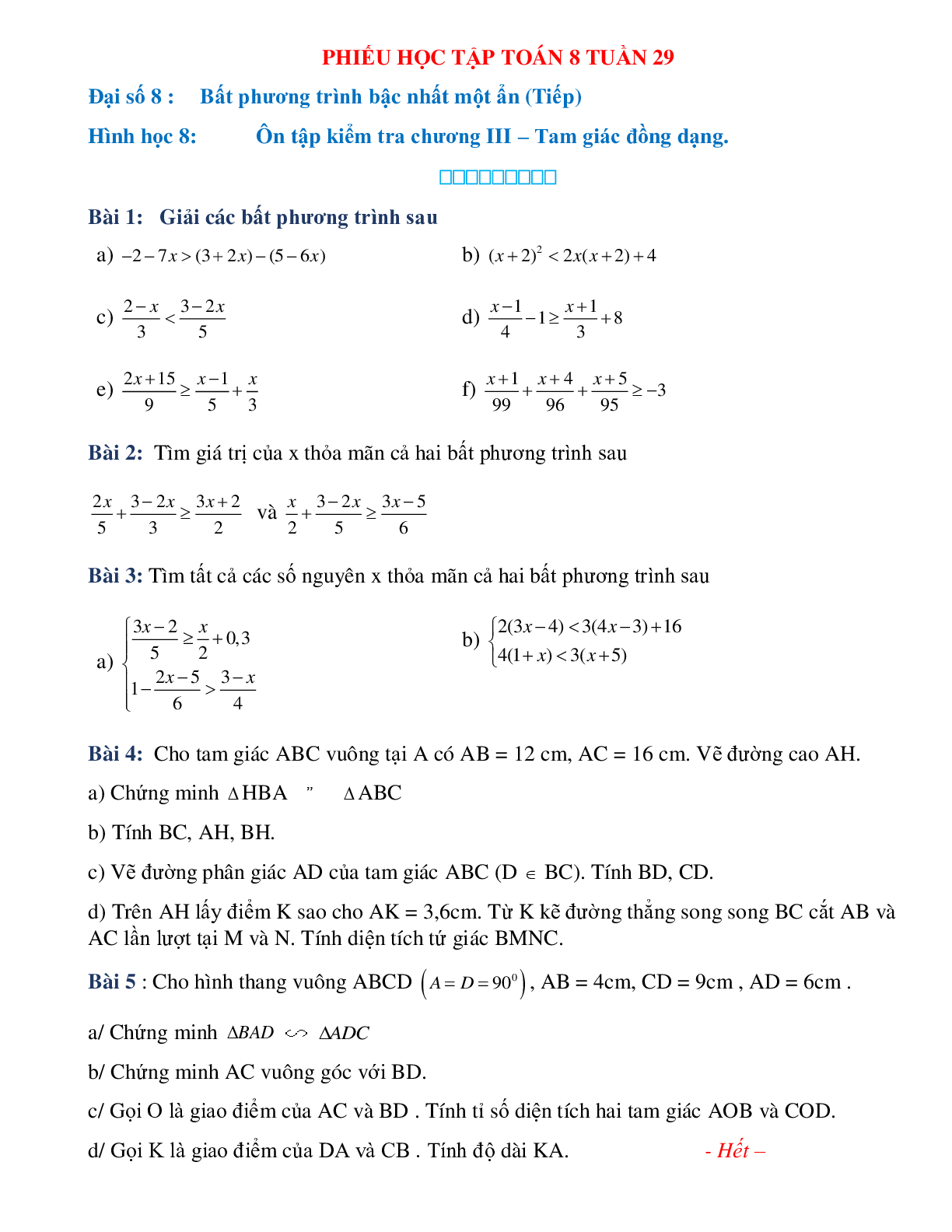 Phiếu bài tập tuần 29 - Toán 8 (trang 1)