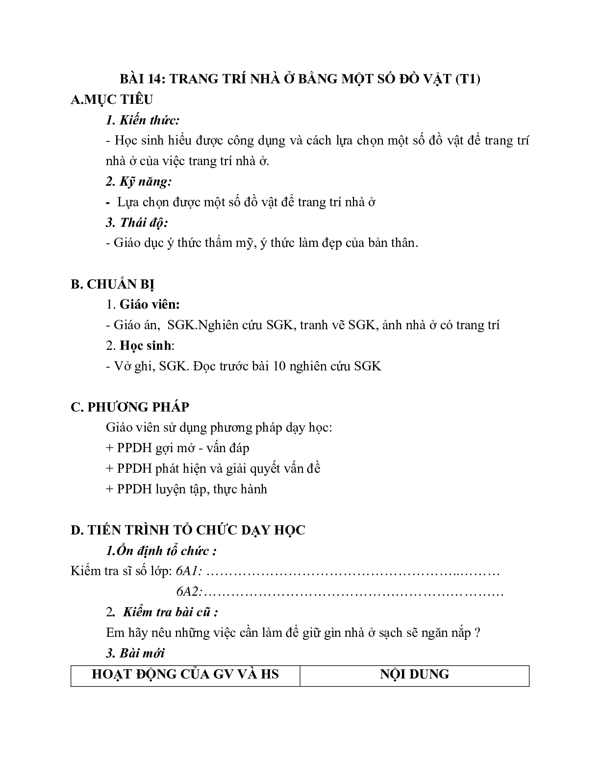 GIÁO ÁN CÔNG NGHỆ 6 BÀI 14: TRANG TRÍ NHÀ Ở BẰNG MỘT SỐ ĐỒ VẬT (T1) MỚI NHẤT – CV5512 (trang 1)