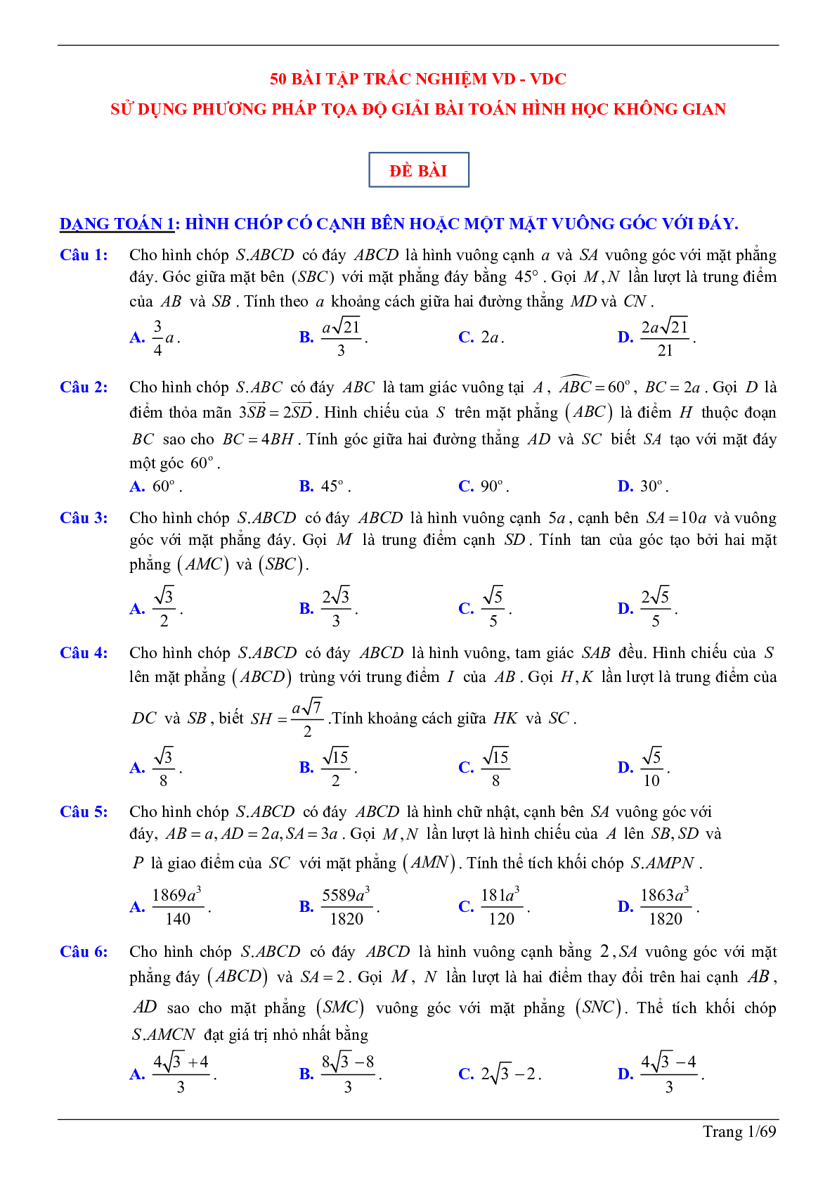 50 câu trắc nghiệm sử dụng phương pháp tọa độ giải bài toán hình học không gian - có đáp án chi tiết (trang 1)