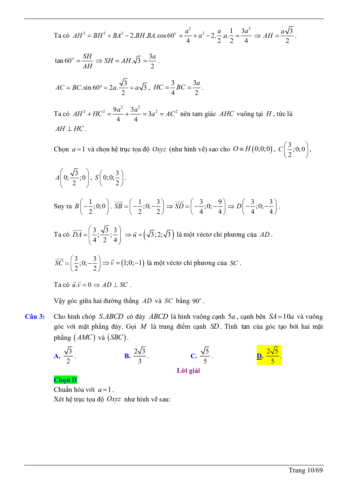 50 câu trắc nghiệm sử dụng phương pháp tọa độ giải bài toán hình học không gian - có đáp án chi tiết (trang 10)