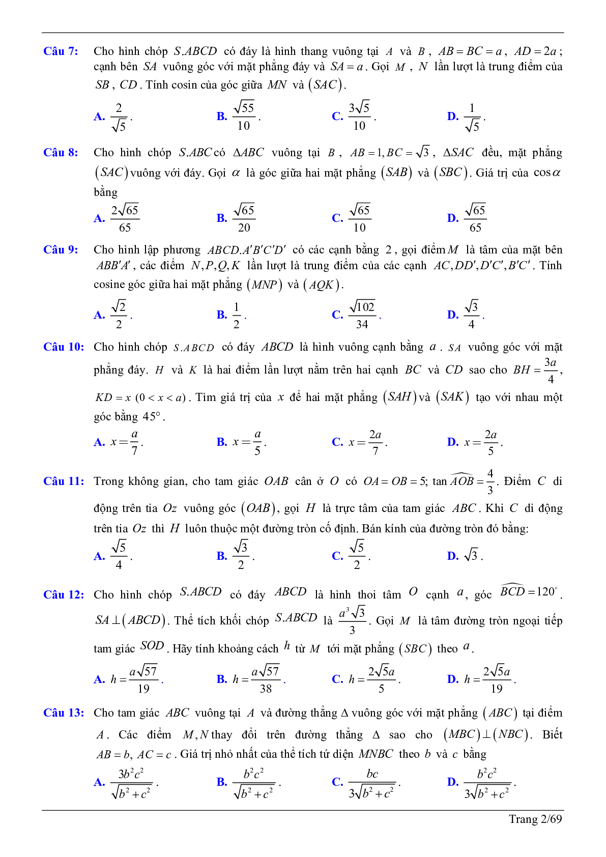 50 câu trắc nghiệm sử dụng phương pháp tọa độ giải bài toán hình học không gian - có đáp án chi tiết (trang 2)