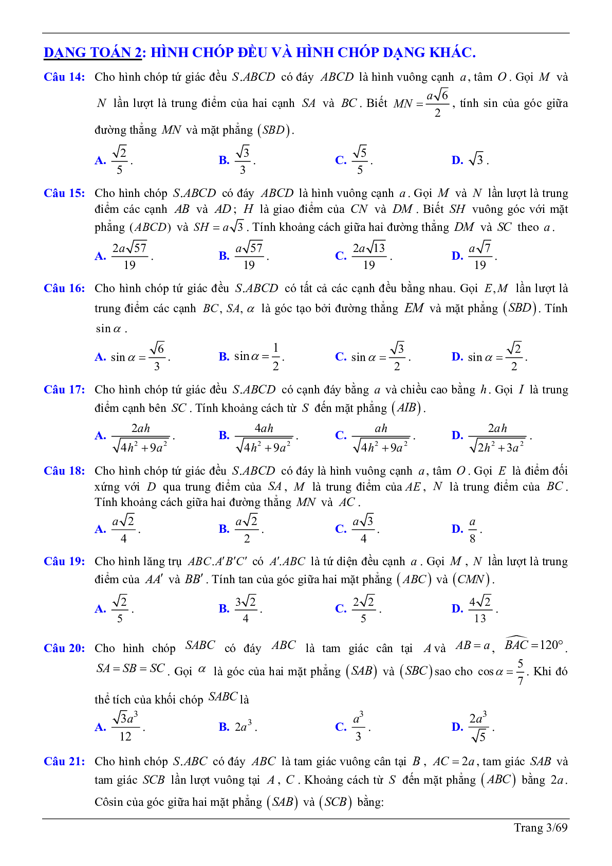 50 câu trắc nghiệm sử dụng phương pháp tọa độ giải bài toán hình học không gian - có đáp án chi tiết (trang 3)