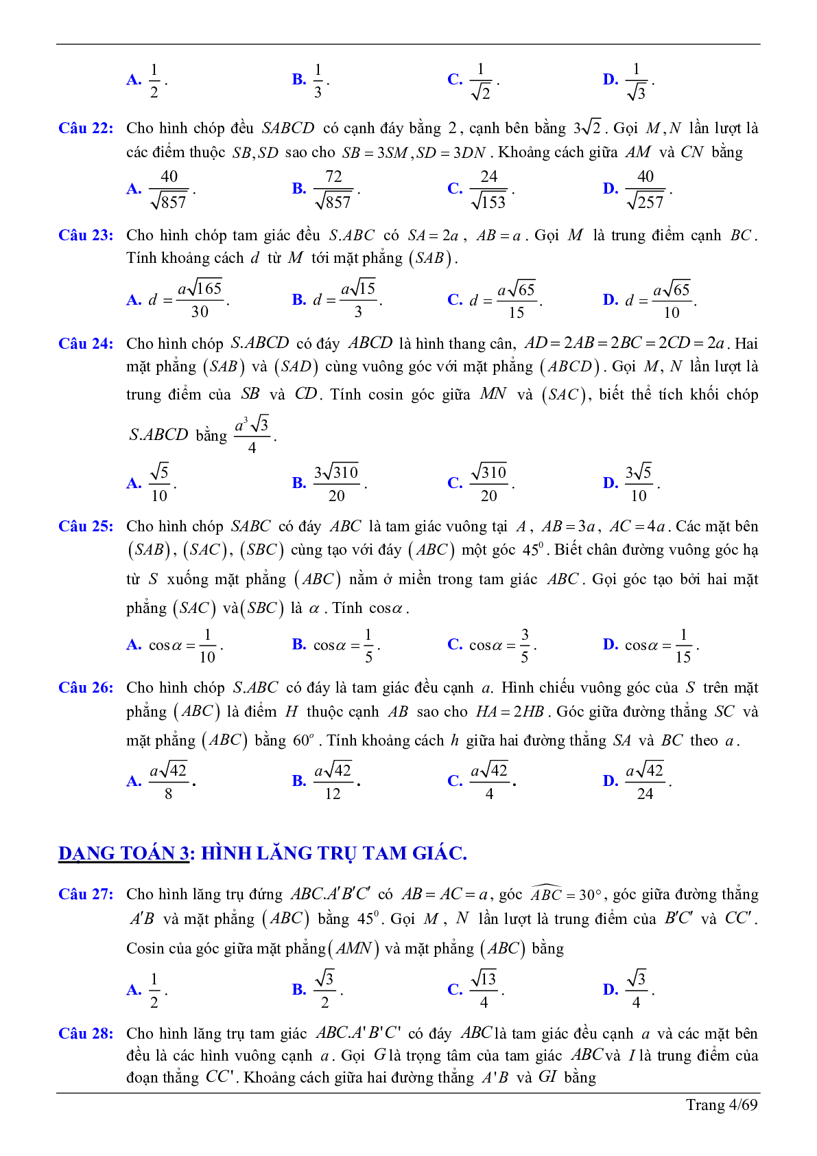 50 câu trắc nghiệm sử dụng phương pháp tọa độ giải bài toán hình học không gian - có đáp án chi tiết (trang 4)