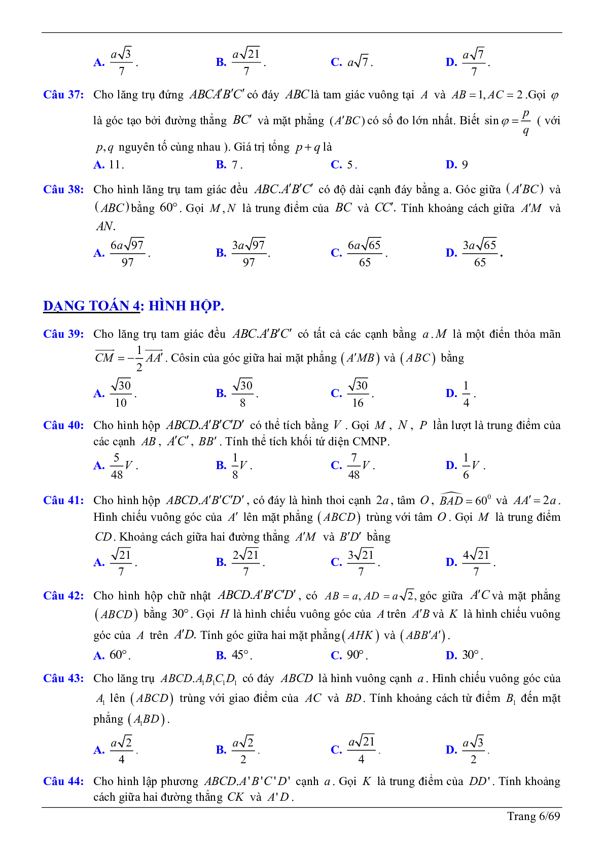 50 câu trắc nghiệm sử dụng phương pháp tọa độ giải bài toán hình học không gian - có đáp án chi tiết (trang 6)