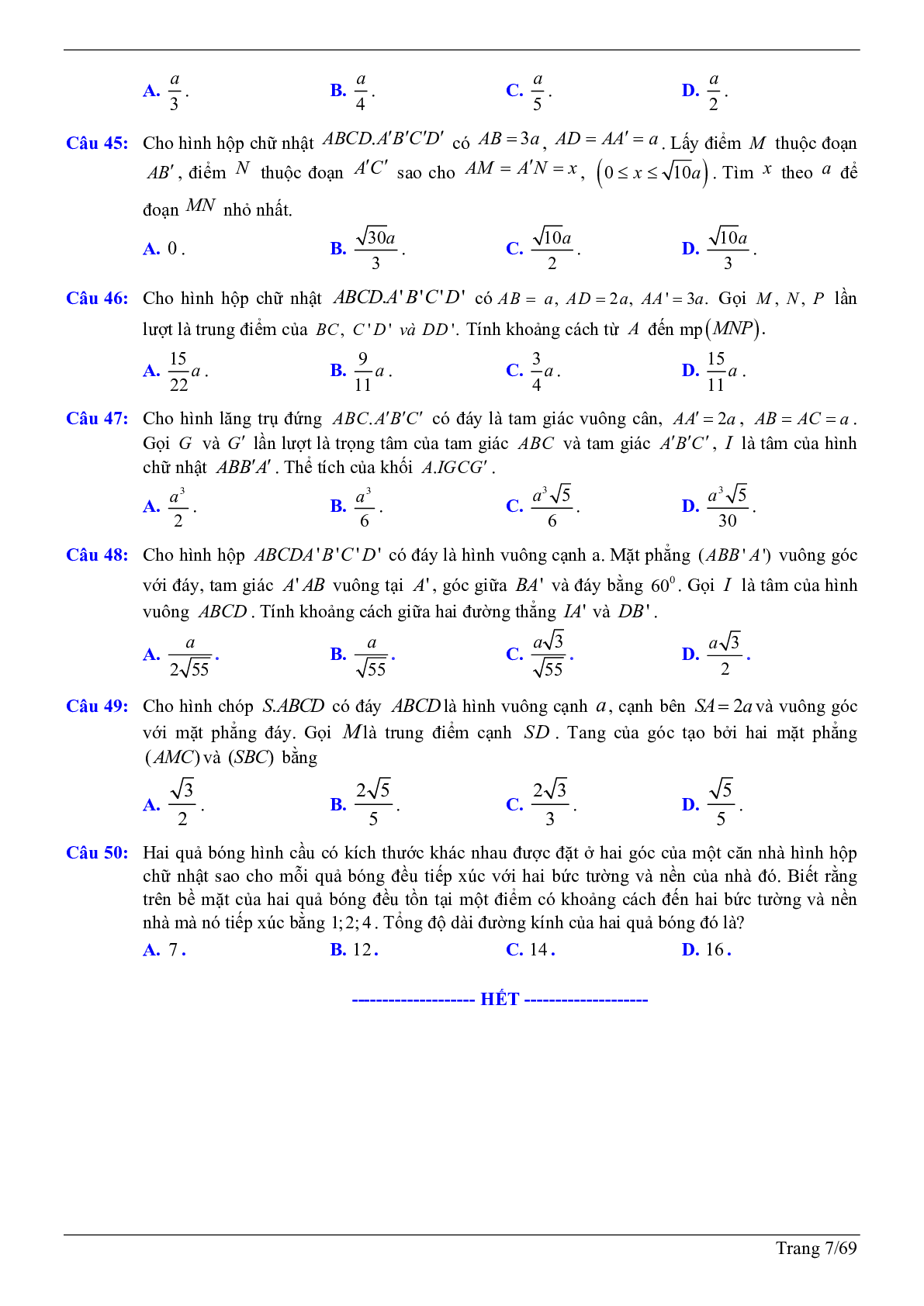 50 câu trắc nghiệm sử dụng phương pháp tọa độ giải bài toán hình học không gian - có đáp án chi tiết (trang 7)