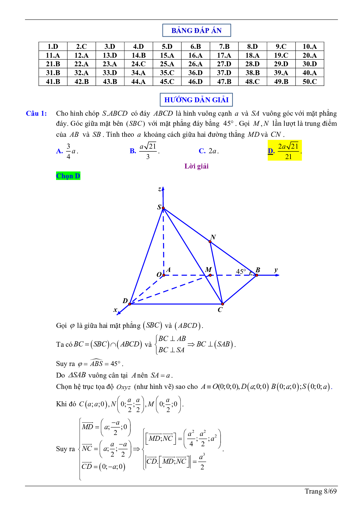 50 câu trắc nghiệm sử dụng phương pháp tọa độ giải bài toán hình học không gian - có đáp án chi tiết (trang 8)