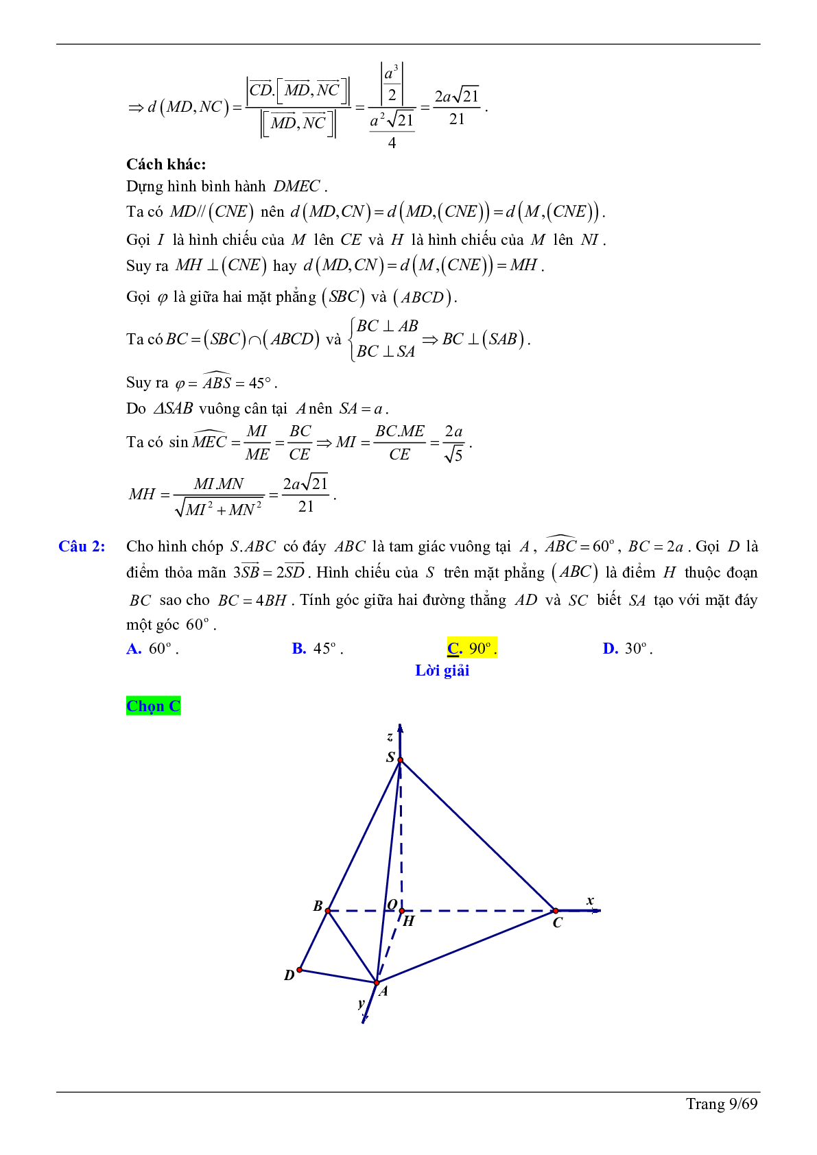 50 câu trắc nghiệm sử dụng phương pháp tọa độ giải bài toán hình học không gian - có đáp án chi tiết (trang 9)