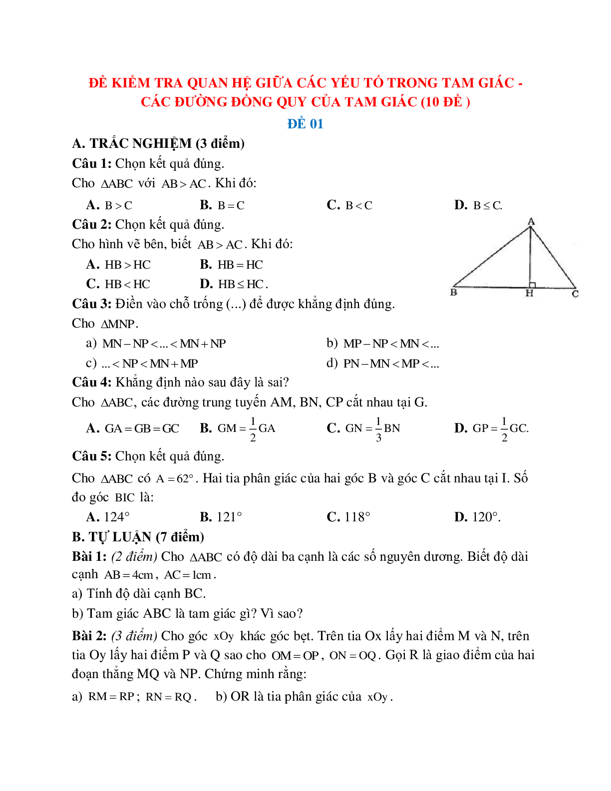 Đề kiểm tra quan hệ giữa các yếu tố trong tam giác - các đường đồng quy của tam giác (10 đề) (trang 1)