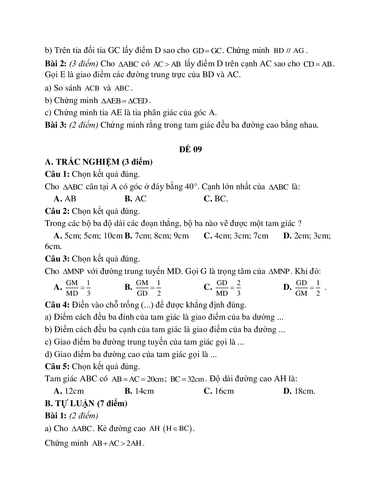 Đề kiểm tra quan hệ giữa các yếu tố trong tam giác - các đường đồng quy của tam giác (10 đề) (trang 10)