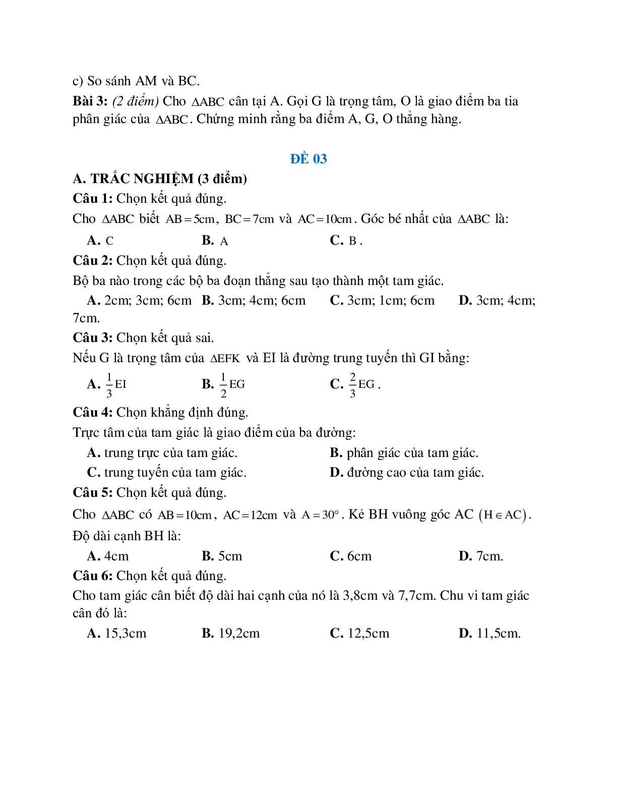 Đề kiểm tra quan hệ giữa các yếu tố trong tam giác - các đường đồng quy của tam giác (10 đề) (trang 3)