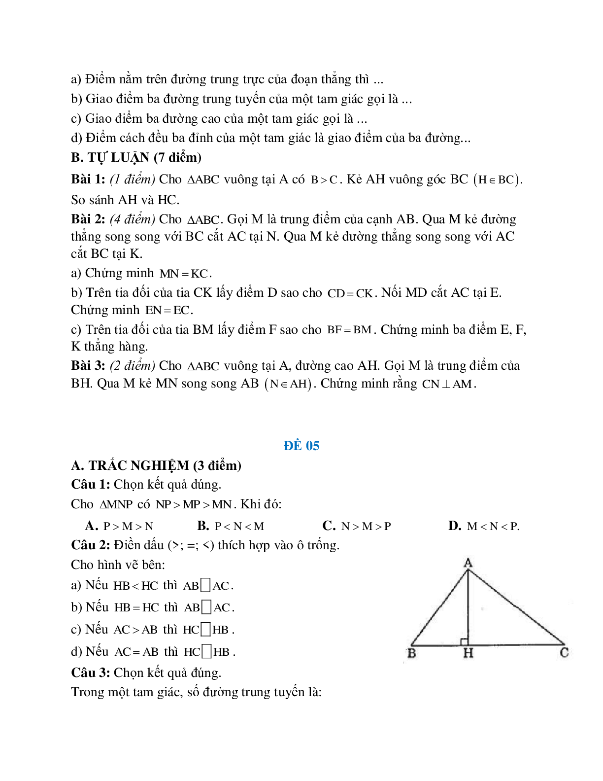 Đề kiểm tra quan hệ giữa các yếu tố trong tam giác - các đường đồng quy của tam giác (10 đề) (trang 5)