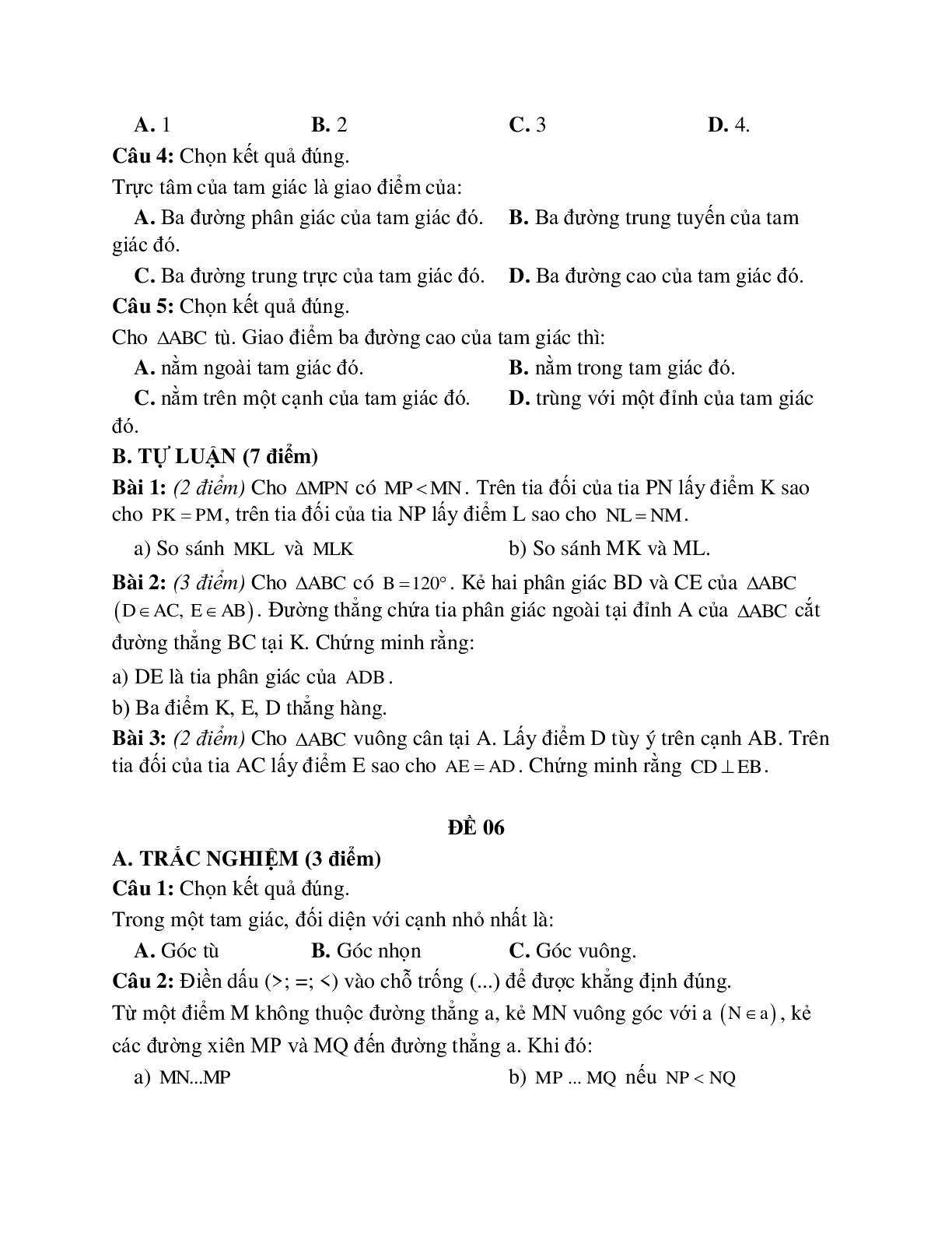 Đề kiểm tra quan hệ giữa các yếu tố trong tam giác - các đường đồng quy của tam giác (10 đề) (trang 6)