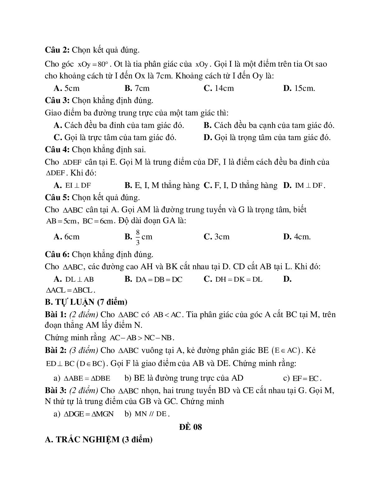 Đề kiểm tra quan hệ giữa các yếu tố trong tam giác - các đường đồng quy của tam giác (10 đề) (trang 8)