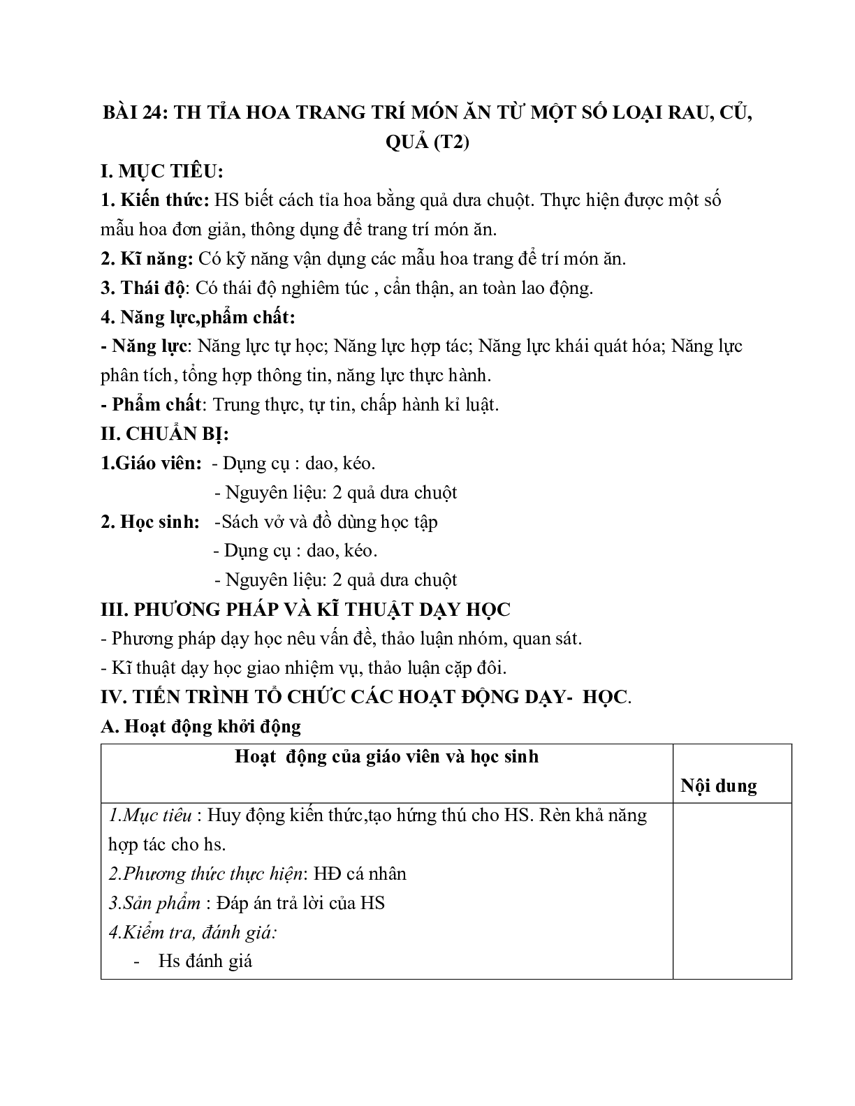 GIÁO ÁN CÔNG NGHỆ 6 BÀI 24: TH TỈA HOA TRANG TRÍ MÓN ĂN TỪ MỘT SỐ LOẠI RAU, CỦ, QUẢ (T2) MỚI NHẤT (trang 1)