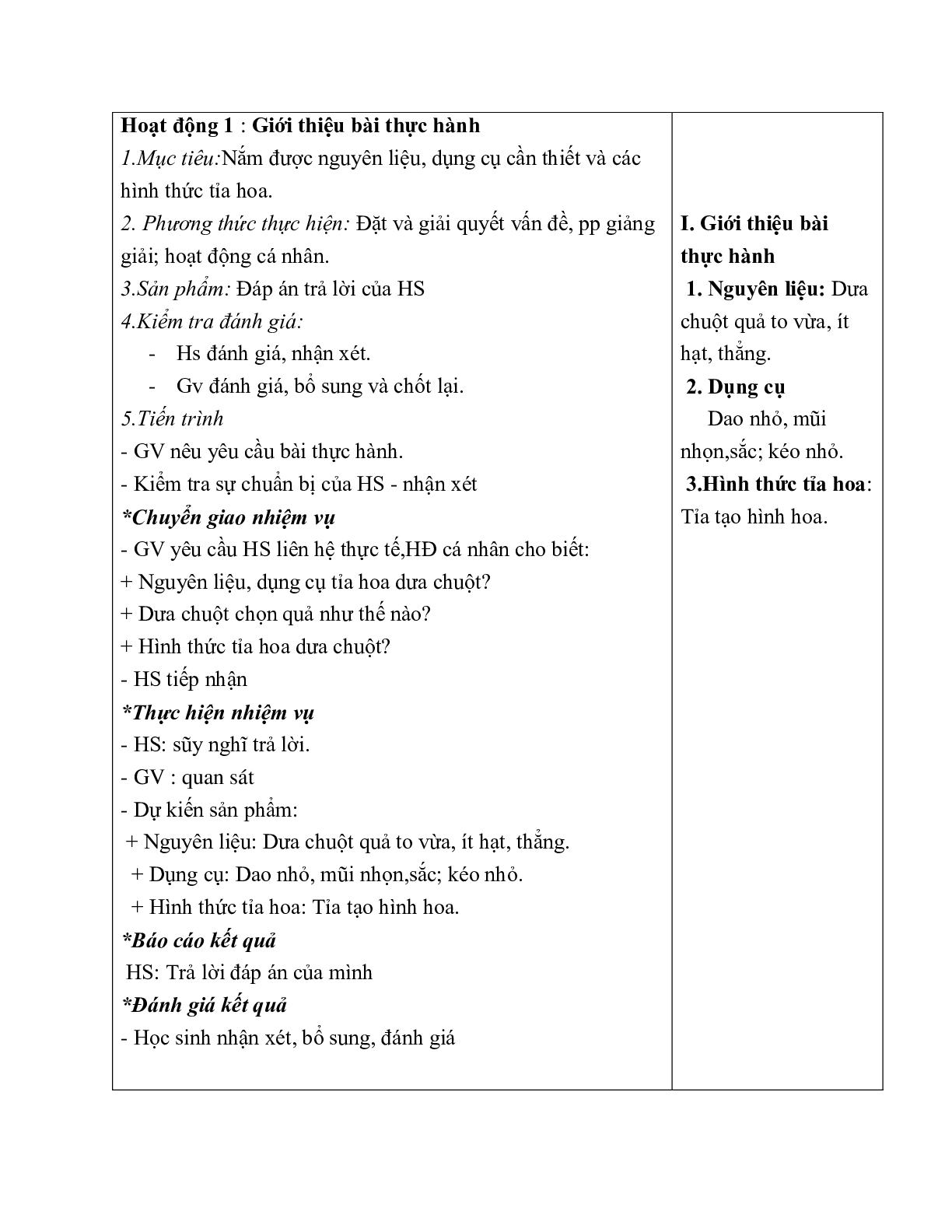 GIÁO ÁN CÔNG NGHỆ 6 BÀI 24: TH TỈA HOA TRANG TRÍ MÓN ĂN TỪ MỘT SỐ LOẠI RAU, CỦ, QUẢ (T2) MỚI NHẤT (trang 3)