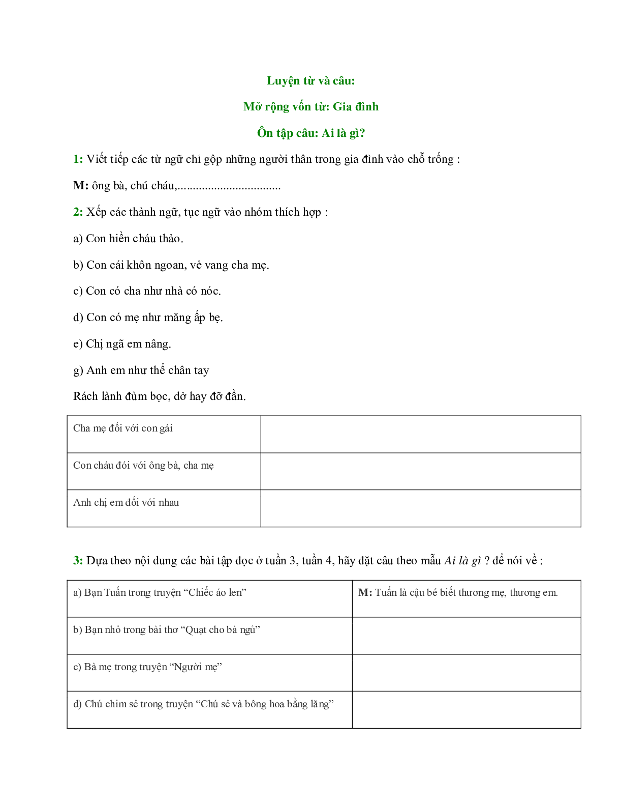 Các dạng bài tập về Luyện từ và câu: Mở rộng vốn từ: Gia đình Ôn tập câu: Ai là gì? có đáp án (trang 1)