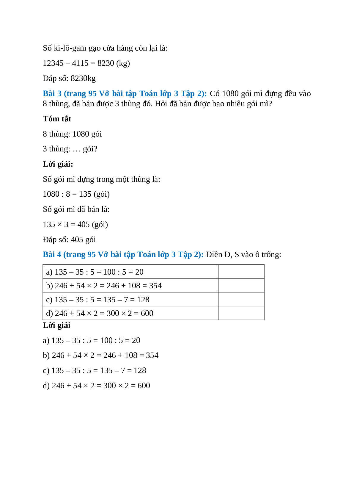 Vở bài tập Toán lớp 3 Tập 2 trang 95 Bài 165: Ôn tập về giải toán (trang 2)