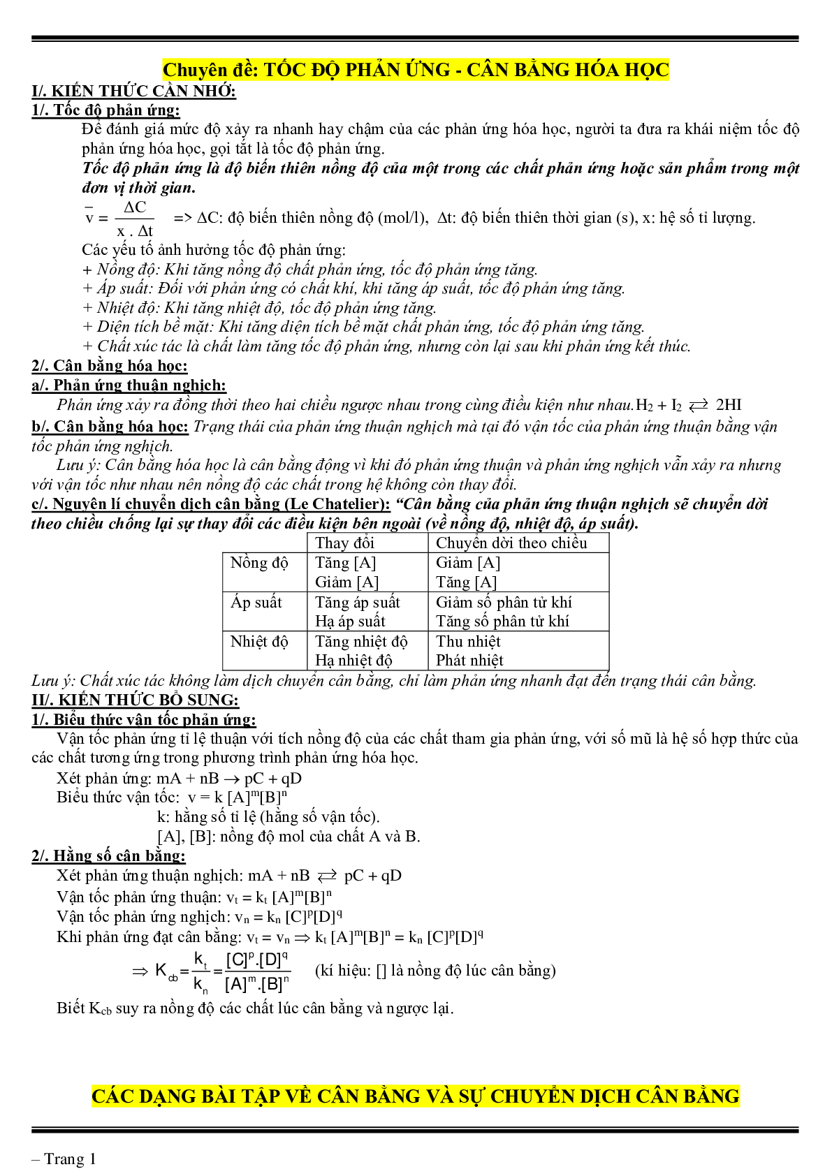 Lý thuyết, bài tập về tốc độ phản ứng- cân bằng hóa học có đáp án (trang 1)