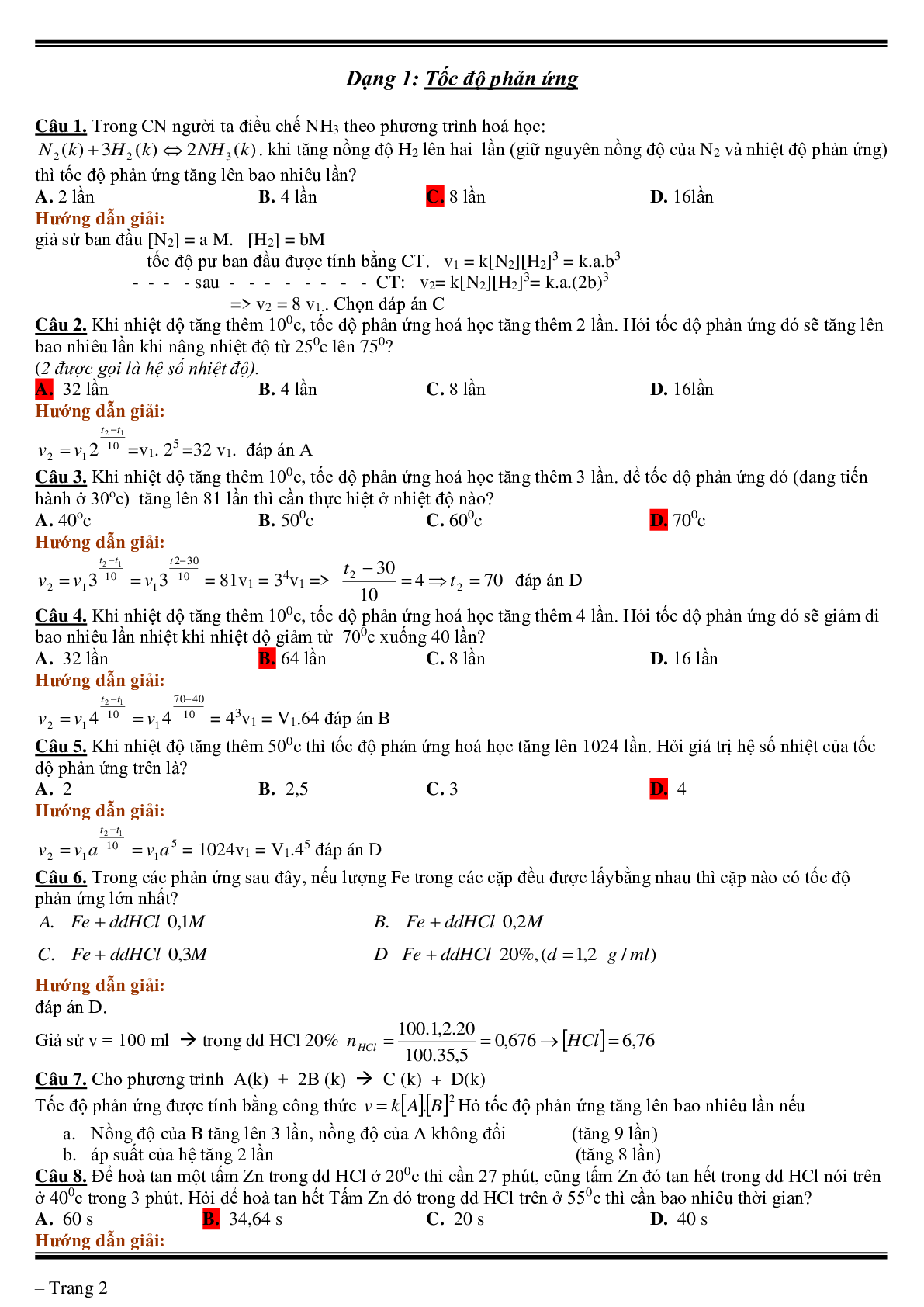 Lý thuyết, bài tập về tốc độ phản ứng- cân bằng hóa học có đáp án (trang 2)