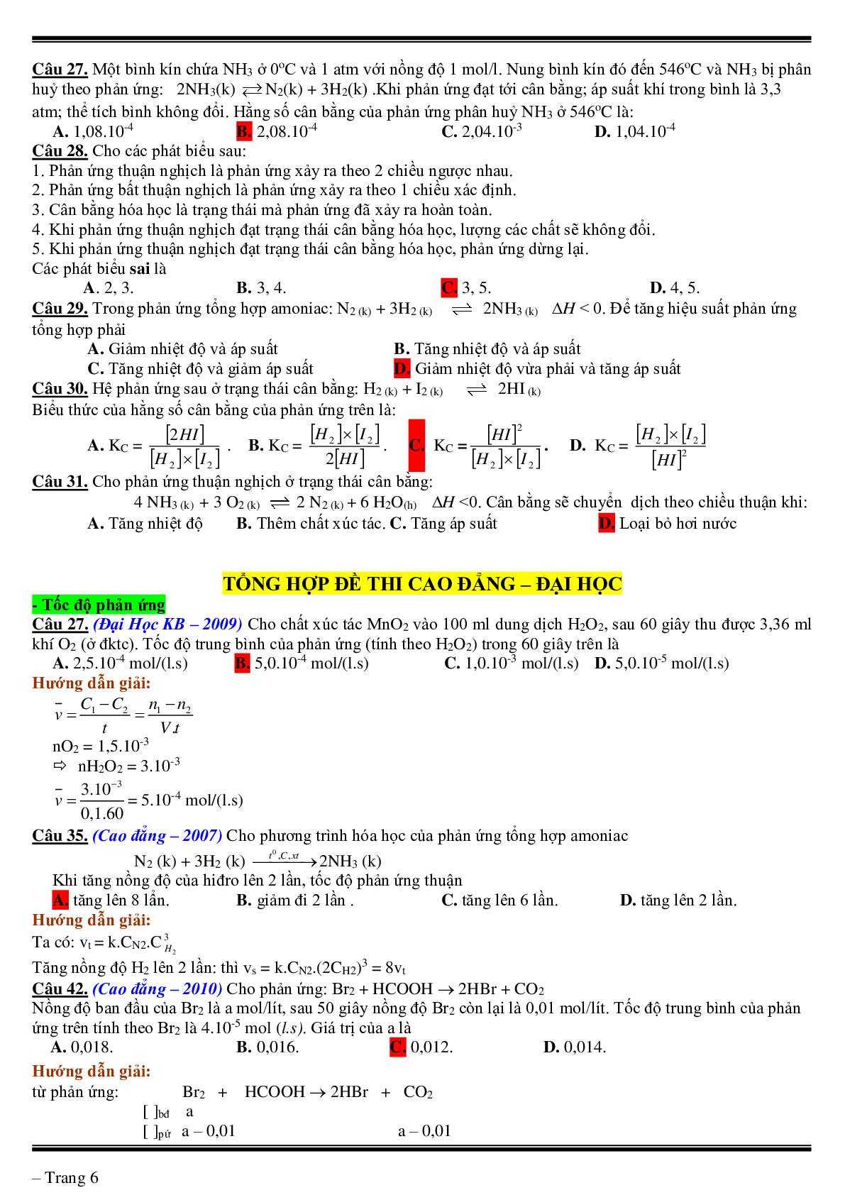 Lý thuyết, bài tập về tốc độ phản ứng- cân bằng hóa học có đáp án (trang 6)