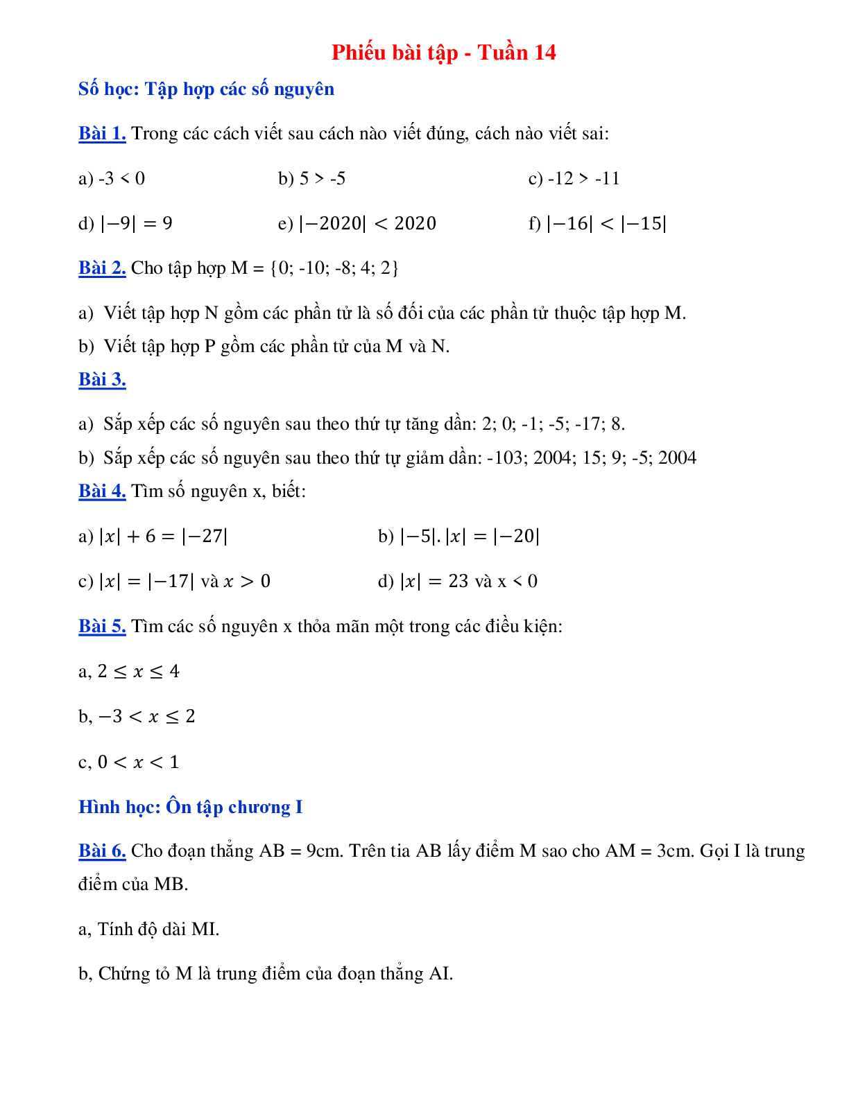 Phiếu bài tập tuần 14 - Toán 6 (trang 1)