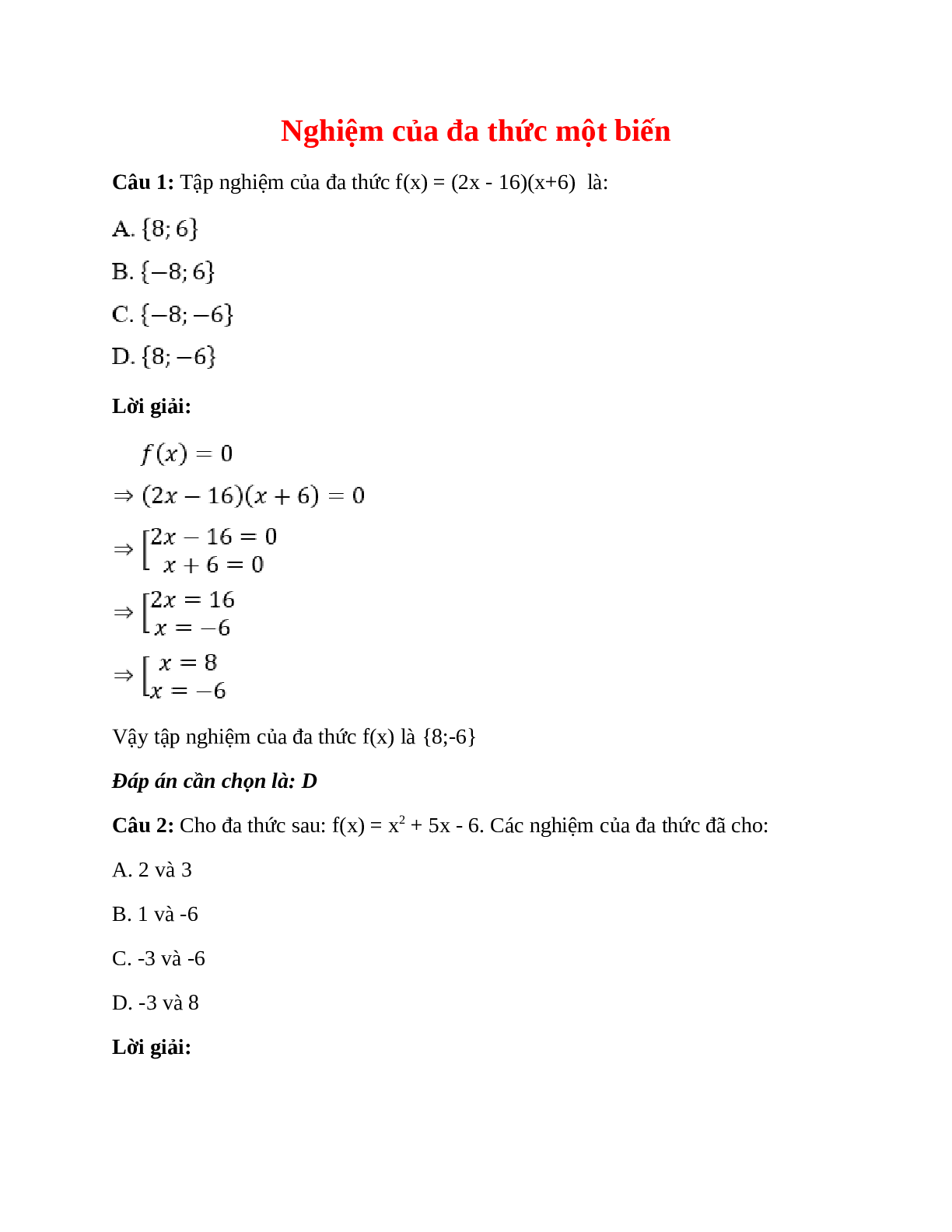 Trắc nghiệm Nghiệm của đa thức một biến có đáp án – Toán lớp 7 (trang 1)