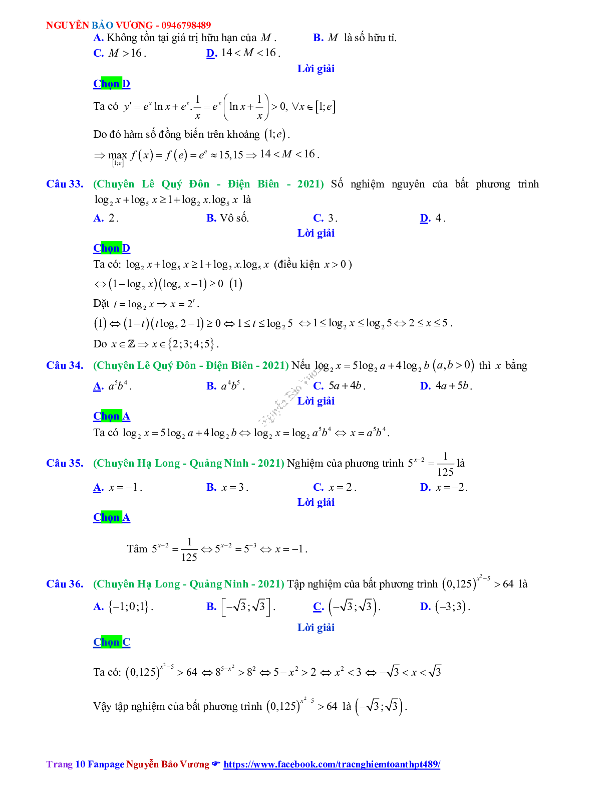Trắc nghiệm Ôn thi THPT QG Toán 12: Đáp án mũ - lũy thừa - logarit mức độ thông hiểu (trang 10)
